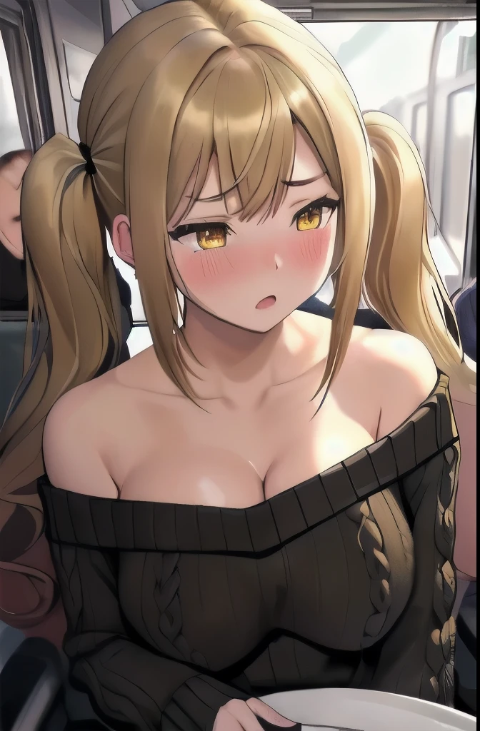 ((nsfw)), ((masterpiece, Best Quality)), very detailed, 1girl, 1boy, ((big breasts)), ((breast press)), from above blonde_hair, long_hair, bangs, hair_ornament, twintails,hair_ornament, yellow_eyes, sidelocks, brown_eyes, ((black sweater)), narrow shoulder, (impossible sweater:1.05), long sleeve, off-shoulder, lower sweater, embarrassed, blush,  in the train、 crowded trains near the door