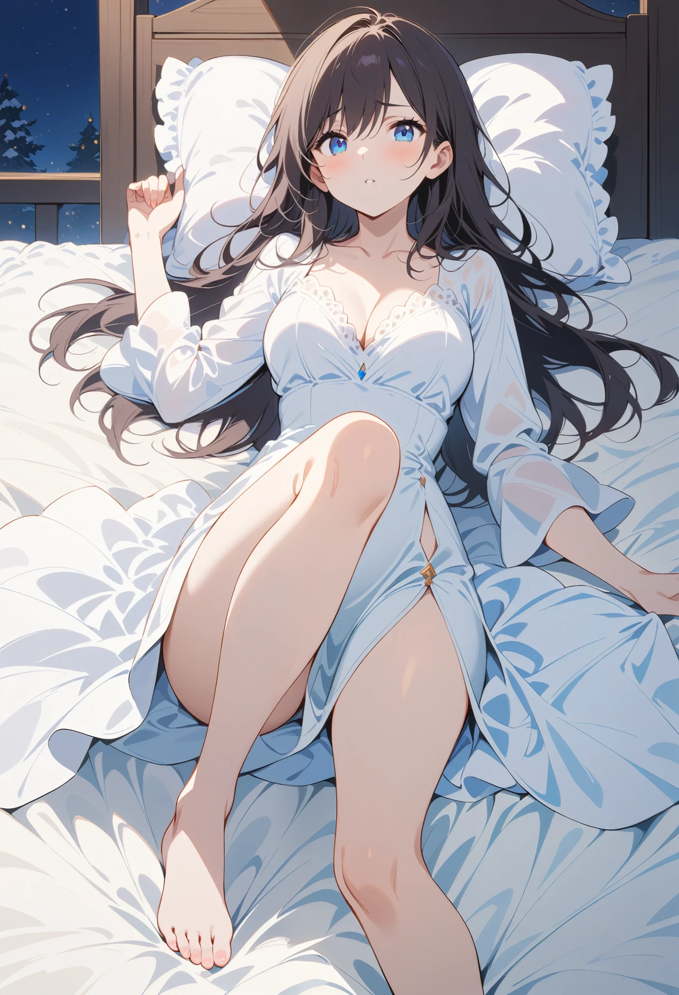  1 girl at home，Full body portrait，Dark hair ， blue eyes ， lying in bed ，night， white robe with high openings on both sides， show your legs ， showing arms ，Snow white skin， Dignified and holy ，Mature charm，Weakness，Brows slightly furrowed，pathetic 