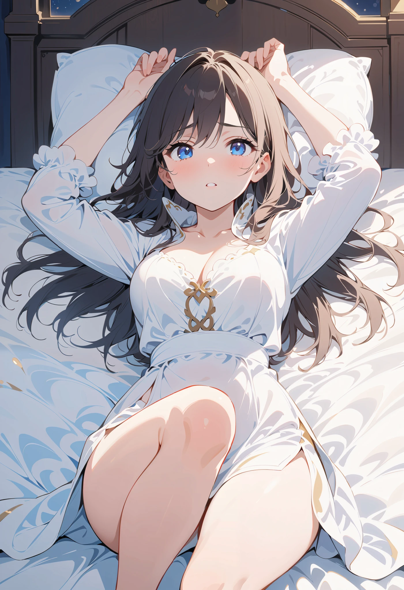  1 girl at home，Full body portrait，Dark hair ， blue eyes ， lying in bed ，night， white robe with high openings on both sides， show your legs ， showing arms ，Snow white skin， Dignified and holy ，Mature charm，Weakness，Brows slightly furrowed，pathetic 