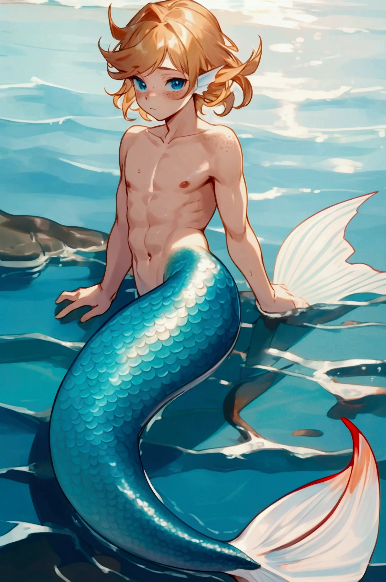 man, rubio, anime style, handsome and posing in the sea, posing on a rock, no muscles,long hair and very feminine appearance,handsome blond haired man with lower half body like a fish or eel, swaps legs for an eel tail.