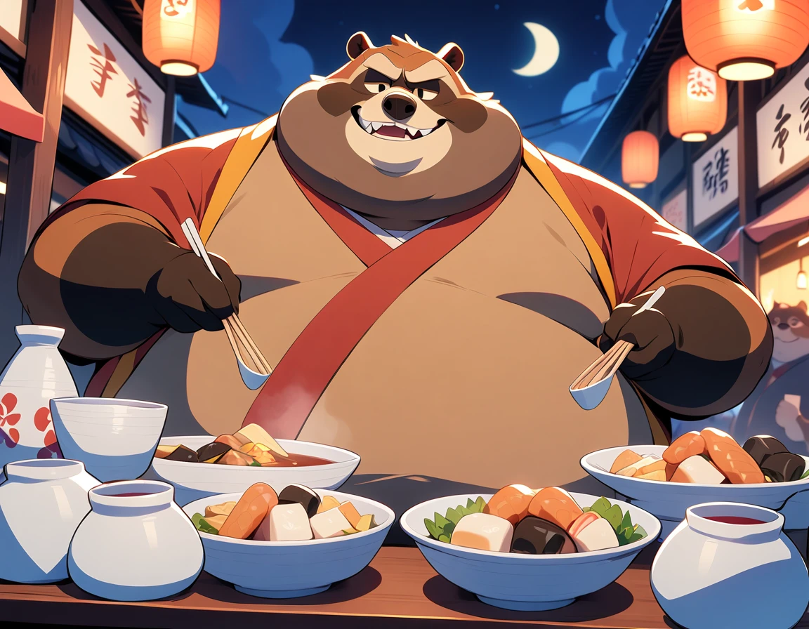  Big Fat Raccoon Man, Fat face、masterpiece,  best quality , Very Beautiful 、Japanese Sake 、Drinking alcohol、Night food stalls、Oden is being stewed