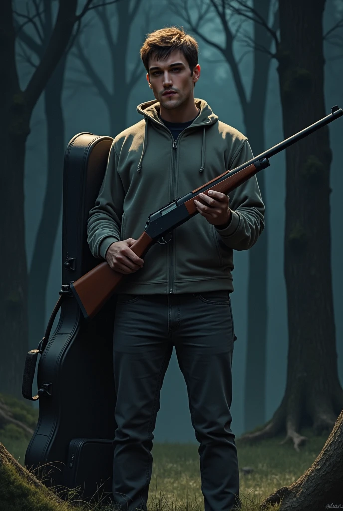 Realistic image of a man from a 12-gauge shotgun in a forest,