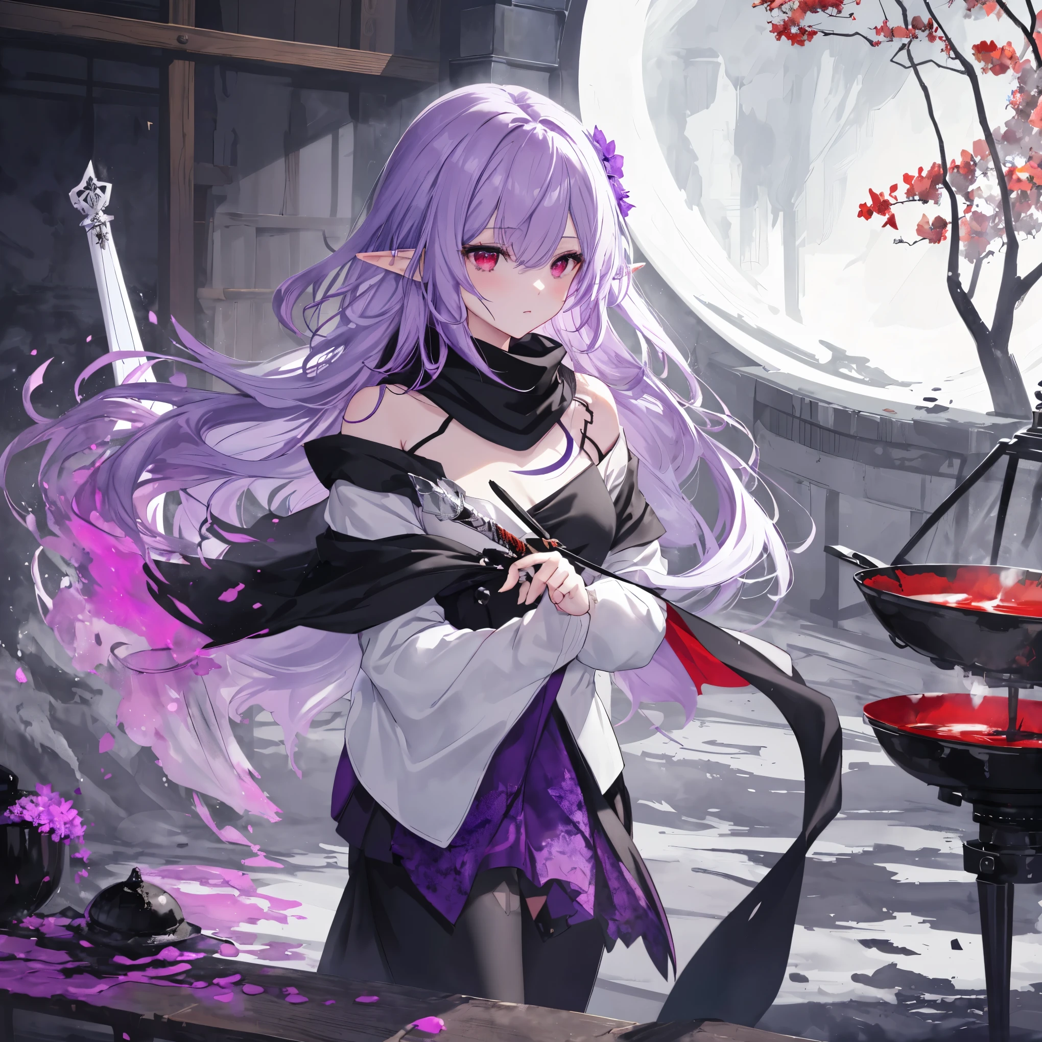 High Quality , masterpiece, delicate hair , Delicate Eyes Full of Determination , delicate hair , ((masterpiece, 最 High Quality )), High Quality , masterpiece, delicate hair , girl ,( purple hair)),((red eyes)), Daikon,Long Hair,Elf Ears,( Black Longsword ), (( off-shoulder )), (loose Long Hair),((Black Cape)), (Red Stove ),scarf,Moon in the Sky, knight , Floating purple flower autumn , Strong Shadows ,Ash,,ice,((Ink wAsh painting)),((ink splAshing)),((color splAshing)),