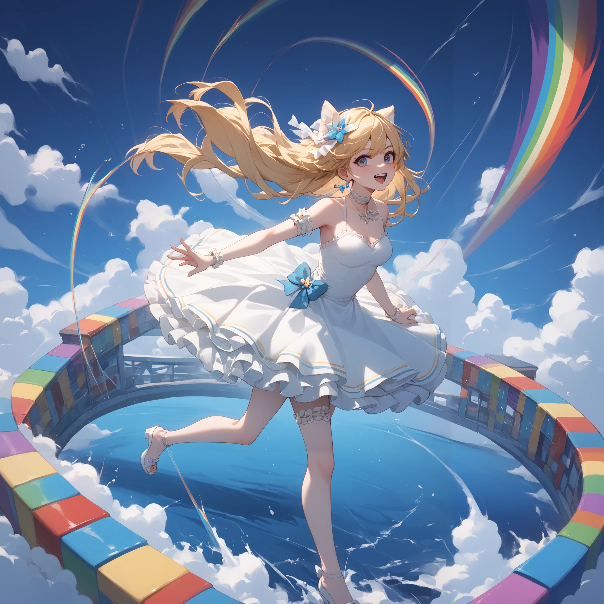 Dynamic composition,Screen during game play, blocky rainbow bridge focus ,  ｛{{blocky rainbow bridge}}},game dot illustration,Illustration with puzzle game taste, Girl in a dress running at the Rainbow Bridge,rainbow bridge stage of puzzle game, game character of girl in mini-skirt,,{{masterpiece}}, {{{Highest quality}}},{{Very detailed}},