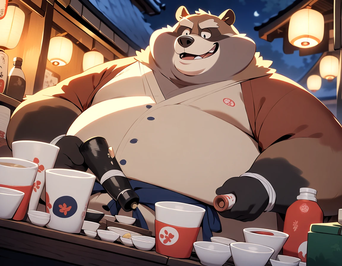  Big Fat Raccoon Man, Fat face、masterpiece,  best quality , Very Beautiful 、Japanese Sake 、Drinking alcohol、Night food stalls、Oden is being stewed