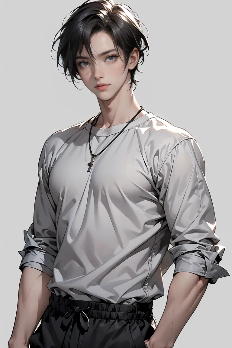 Handsome David Roy boy black hair casual clothes light grey background