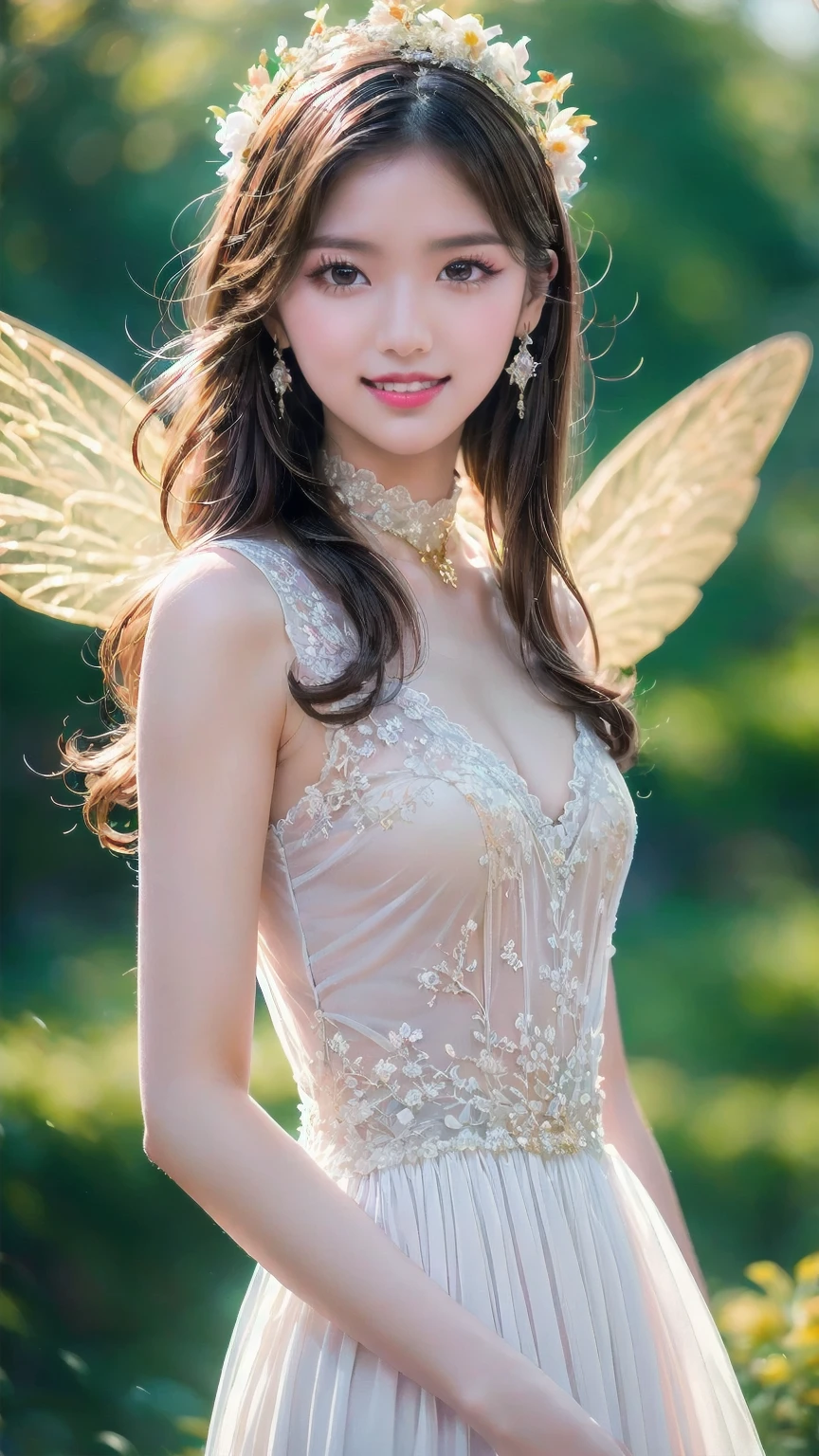 ((masutepiece、top-quality、8K、Highly Detailed and Complex Detail、The most complex and detailed textures、Super High Detail、bright and gentle lighting、the mildest texture、Smoothest texture))、(beautiful waterfall in the background:1.3)、(Very delicate and intricately shining wings:1.2)、(Fairy wings with a very intricate pattern:1.2)、(The most luxurious and divine sparkling fairy tale yellow phosphorus wedding dress:1.2)、((The most beautiful fairy tale prince of the forest fairy tale princess、a high chroma、Fantastic shining fairy wings、Gives off a fairy tale glow、The finest dress with elaborate decoration.、Shining transparent fairy tale wings、Fantastic, fairy-tale light、The background is set in a complex and sacred forest、Mysterious tree、Gentle fairy tale light、The brilliance of a fairy tale、Fairytale atmosphere、Fantastical、The most intricate and sacred dresses、the most beautiful spirit in the world、The Spirit of God'glorias、Accurate reproduction of the perfect spirit down to the last detail、The most complex and detailed forests、The most sacred and luxurious princess dress、 calm and full of light、Extravagant tiaras and necklaces、A forest full of sacred light、Fantastical、Overgrown trees々、A forest surrounded by sacred light、She has a very calm and bright beautiful face.,Half Japan and half Russian、Beautiful smile、Beautiful wavy hair、The most luxurious and intricate dresses、Smile while staring at the camera、Slimed、large full breasts))