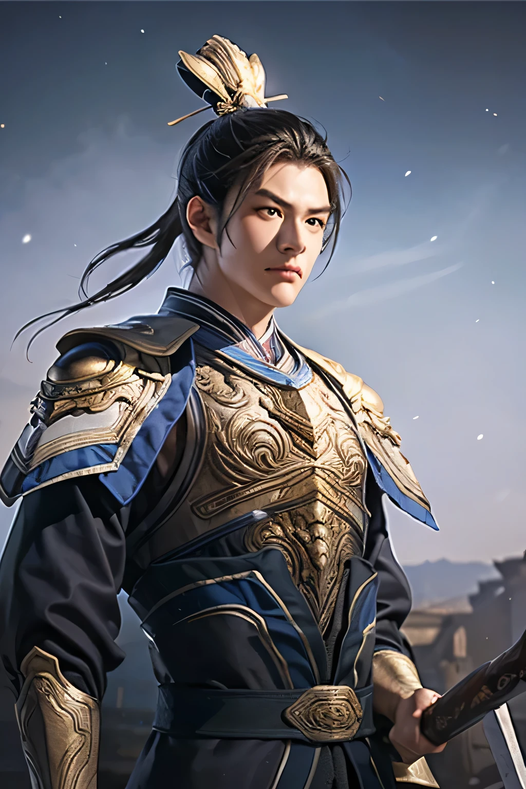 18 year old Chinese man,young man,realistic,white armor, alone,Background of ancient chinese cities,detailed_eye,shoulder_Armor,(검은 eye),looking at viewer,(masterpiece:1.2), (best quality:1.2), perfect eye, perfect face, perfect lighting, (8K),(complete anatomy), Nee Shot