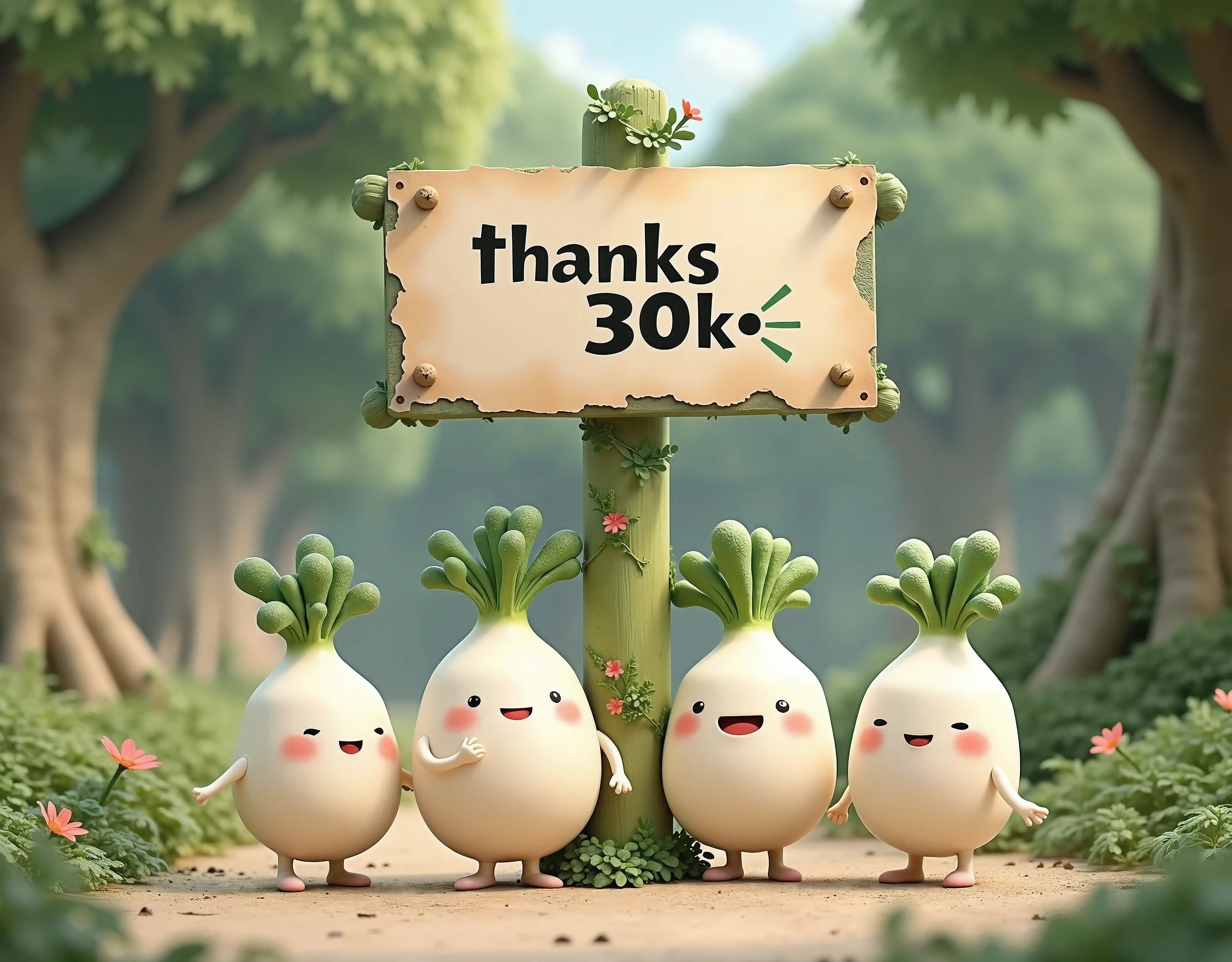  (((Daikon characters , Japanese white daikon , Put paper on a daikon tree sign and write letters"Thanks 30k"))), (((UHD, masterpiece, best quality,  highres icon, 8k)))