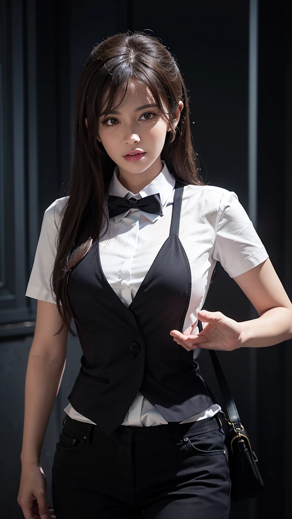 ((top-quality、8K、masterpiece:1.3))、Pretty women、20 years girl、Fair skin color、K-pop Idol Face、Colossal tits:1、slender figures:1、dark brown hair、(white walls)、(Waitress uniform)、hyperdetailed face、Detailed lips、A detailed eye、二重まぶた、sexy pose、A smile、Sexy Shots、Raw photo、a baby face、kawaii faces、Cute