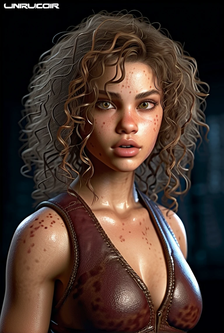 Fighting game style (RAW photo, best quality), (realistic, photo-realistic:1.4), masterpiece, a girl with curly hair, in the dark, detailed pupils, textured skin, skin blemish, Pixar . Dynamic, vibrant, action-packed, detailed character design, reminiscent of fighting video games, full body view, naked, nude,