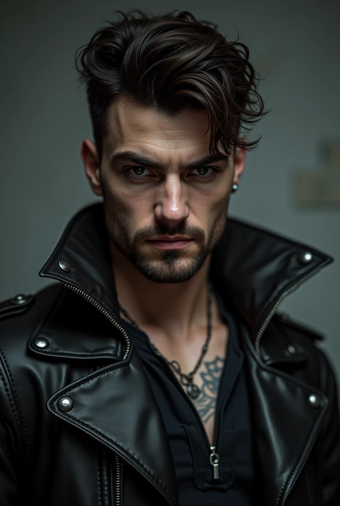 1 hombre guapo y musculoso, post apocalyptic, guerrero, Rostro y cuerpo perfectamente detallados, para la portada de la revista Heavy Metal, dynamic pose, cabello hermoso y detallado, ropa de cuero, Realista, fotorrealista, 8k, Fotos CRUDAS, Calidad premium, obra maestra, epic lighting. de cerca, Imagen centrada