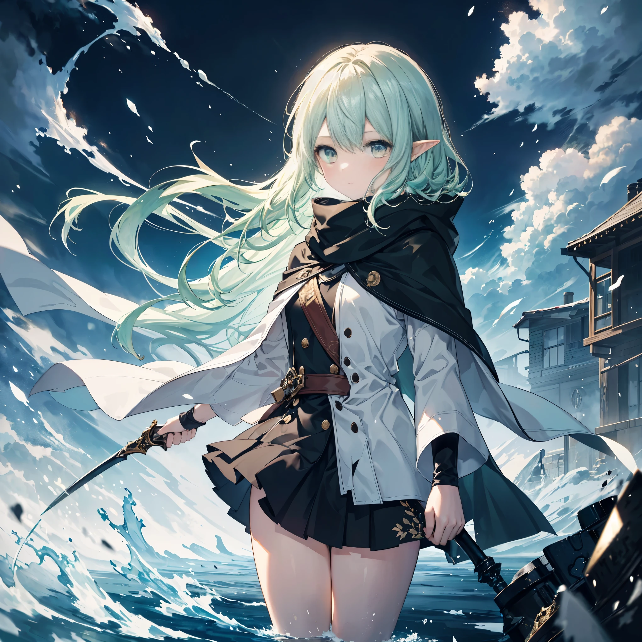 High Quality , masterpiece, delicate hair , Delicate Eyes , delicate hair , ((masterpiece, 最 High Quality )), High Quality , masterpiece, delicate hair , girl ,( Light green hair)),((gold eyes)), Daikon,Long Hair,Elf Ears,(tornado armor), (Black longsword style effect),(loose Long Hair),((Black Cape)),(Cape Hood, black miniskirt ),(Red Stove ),scarf,Moon in the Sky, knight , floating yellow flower autumn , Strong Shadows ,Ash,,ice,((Ink wAsh painting)),((ink splAshing)),((color splAshing)),