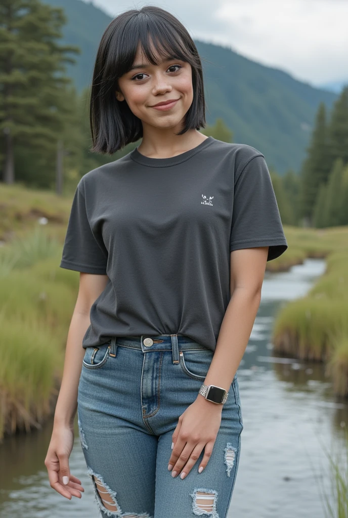 "Practical, Reality, 8K HD, award-winning masterpiece: 1.5, Angle lens, Intermediate perspective. Capture the essence of Asian woman Jenna Ortega ((j3nnaort3ga)) in Arad, wearing belly-baring tight long jeans and a grey short-sleeved shirt. The background is set at the foot of a mountain by a stream (坐By the stream), adding a serene, natural touch to the scene. Jenna embodies the perfect ******girl aesthetic, with a slim and flawless figure. Her hair is fashionably middle-parted, fluffy, short, and straight, styled with a slight emphasis (Fashionable middle-parted fluffy short straight hair: 1.2).

She wears ripped tight long jeans with a low waist crop top, the jeans featuring realistic textures and stripes (Realistic jeans texture and stripes: 0.8), and a subtle grain effect (Realistic jeans grain: 0.8). The jeans are branded, adding to the overall high-quality look (branded jeans: 1.5). The rips in the jeans are detailed and natural (Hole: 0.6). Her top is a smoke grey tight short-sleeved shirt, with a focus on the brand and realistic clothing textures (brand: 1.5, Slim, Realistic clothing textures: 1.5).

Jenna's poses are dynamic and full of life, with a focus on her whole body (whole body: 1.5). Her skin is beautifully textured and glowing, with a focus on her thighs and calves, which are perfect and slender. Her toes are white and tender, adding a delicate touch to her overall look. Her breasts are emphasized with high detail and quality (Beautiful breasts:1.5, breast:1.5, Hips:1.5).

The image is of the best quality, with white, real skin that shows natural pores, captured in ultra-high resolution (8k, original photo, Reality:1.4). Jenna is a single girl, slim and confident, with a smile that shows her teeth (Smile, Show your teeth: 1.2). She looks at the audience with the calm eyes of the goddess of happiness (Look at the audience with the calm eyes of the goddess of happiness: 1.2). Her hair is styled with fashionable middle-parted fluffy shortstraighthair