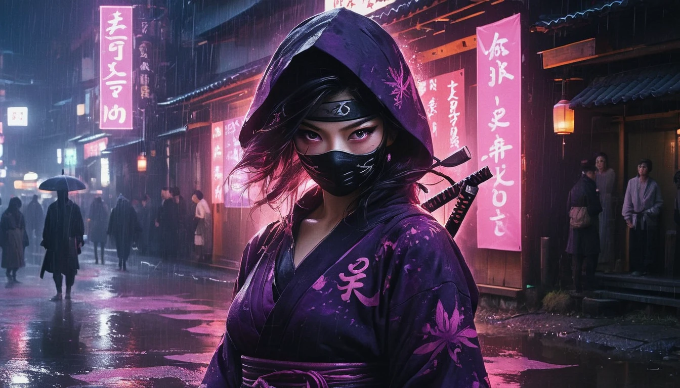 8k,masterpiece,best quality,when no one is around,a female ninja wearing a stylish and cute ninja hoodie Geisha style showing off cleavage, with one eye covered with a black cloth like an eyepatch, stands alone with dark violet aura, now just ready to start running after landing, holding a sword in one hand and a large, shining shuriken in the other. Behind her, a simple sign of a futuristic Japanese neon that shines in pink and purple is reflected in a puddle., Mid night Kyoto in Japan, There is no one around.