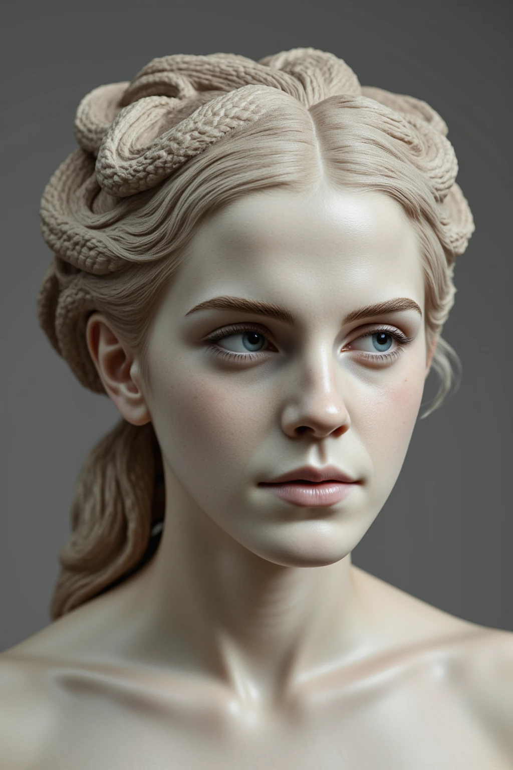 hyperrealistic photo of Emma Watson as the marble bust of the mythical Medusa.  Her hair is replaced by snakes.  Her eyes are not colored but also carved to appear realistic.  There is no color on the bust but the marble coloring.  The bust is worn over time but still in one piece. 