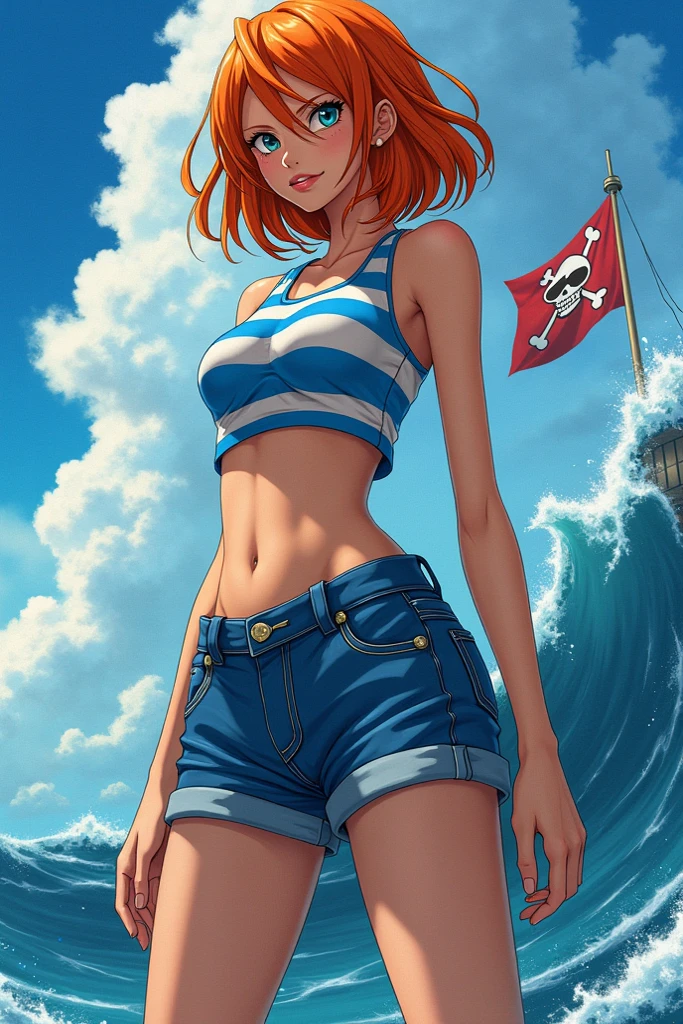 One Piece Nami Creation、Watercolor、An illustration、Orange Hair、shirt、precise face features、black eye、Sporty clothes、High resolution、Dynamic pose、