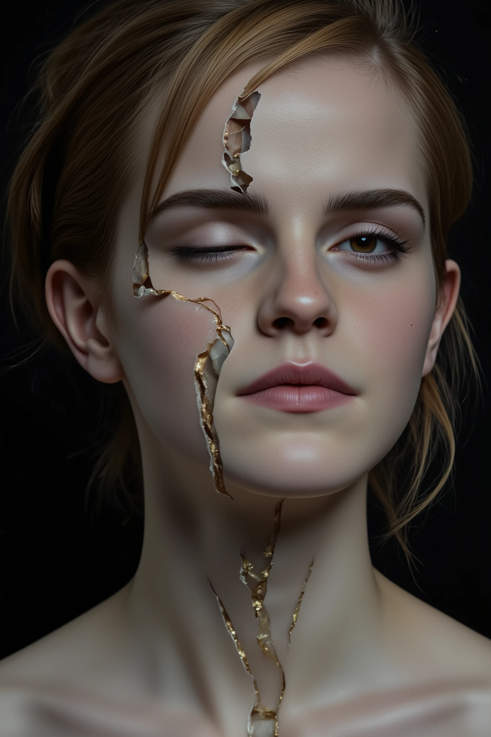 Haunting hyperrealistic portrait of Emma Watson, her porcelain-like skin intricately shattered, golden kintsugi lines weaving through cracks. Intense gaze, one eye intact, the other fragmented. Soft side-lighting accentuates textures. Background fades into shadowy obscurity. Symbolizes resilience and beauty in imperfection.