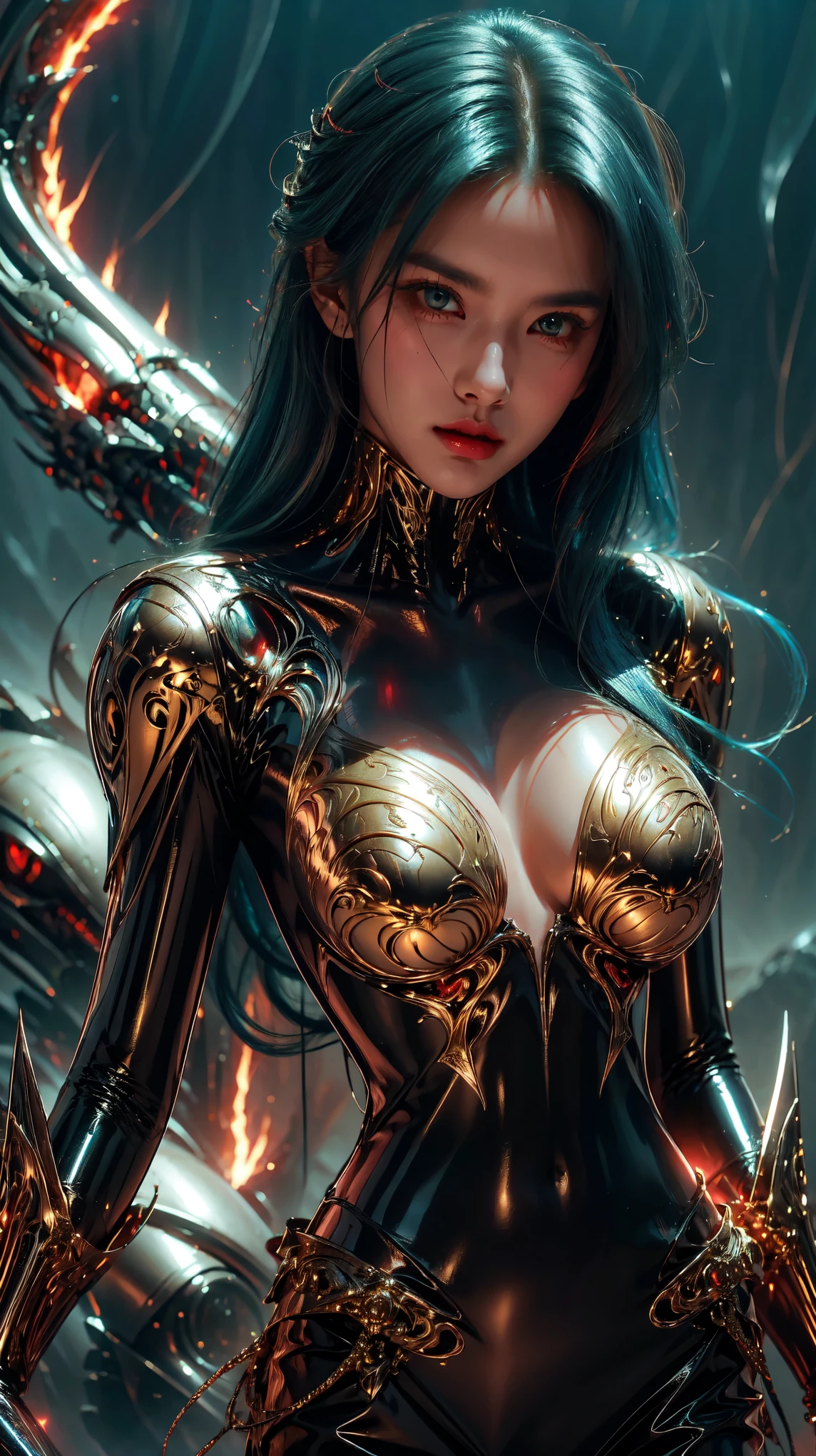 As she prowls through the universe, this female alien commands attention with her stunning appearance. Her jet blue hair and glowing golden eyes are only enhanced by her intense gaze and long dark claws. She is the epitome of beauty and danger, a true predator in every sense.