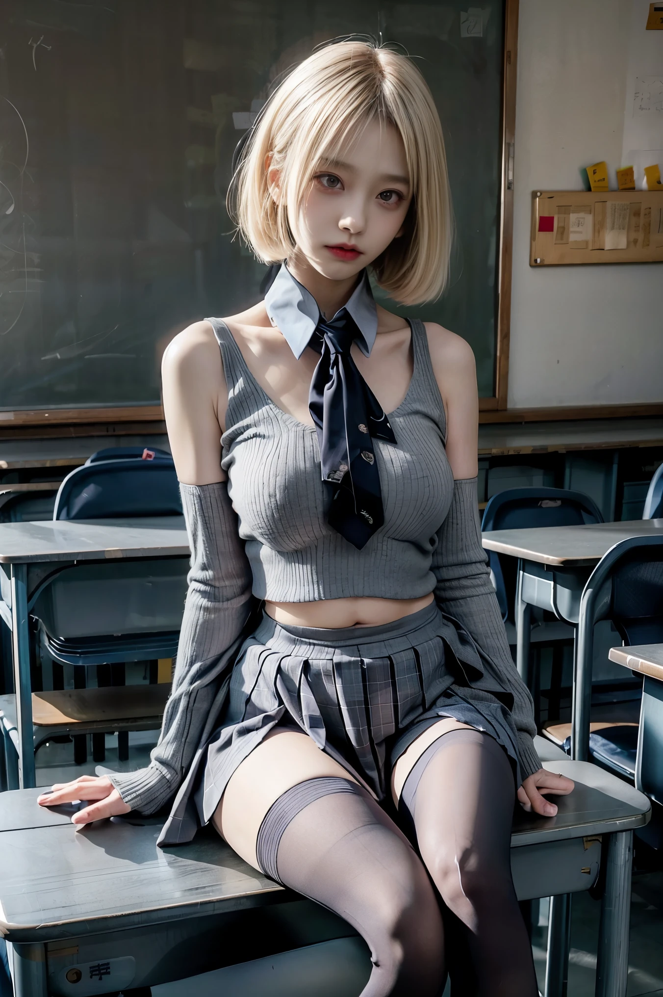  Japanese、Model、Big Breasts、Blonde、 school uniform、tights、 shows shoulders、 cleavage visible、 belly button visible 、classroom、 sitting 