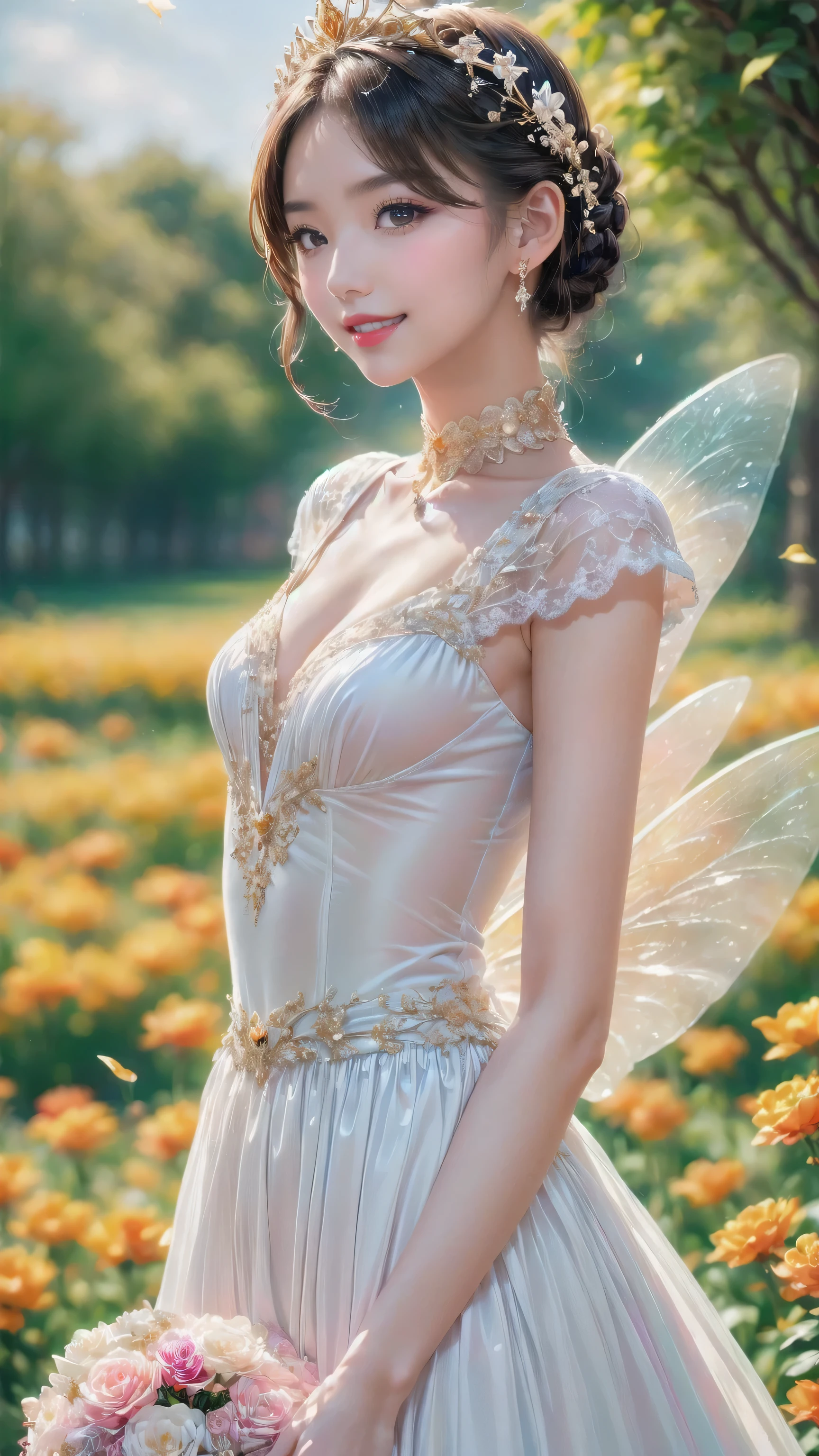 ( please redeem , masterpiece, super detailed, Very detailed, exquisite, 16k,Full HD), Come a little closer ,Golden Ratio, Dramatic Lighting, pastel colors, seems happy,flying, soft lighting , ((Alone:1.5)),( blue sky,Morning Sky,sunny), magical forest ,flower,wood,Flower Field,Leaves and petals dance ,the above,((Upper body photo)), flowers fill the screen ,(Fairy Princess, purple eyes, has long eyelashes, white skin, slim, pale pink fleshy lips ,Pale pink cheeks, The wind is blowing from, blonde alone,Thin and long,( I narrowed my thin, tall nose,small nose),(the above her waist, giant fairy wings ),The Magic of Flowers,flower tiara, Diamond Earrings , diamond chokers,flower petal-inspired flower-adorned white ball gown dress, lace and ruffles in sm's room,(smile:1.2), ( fantasy , Romantic Vibes),