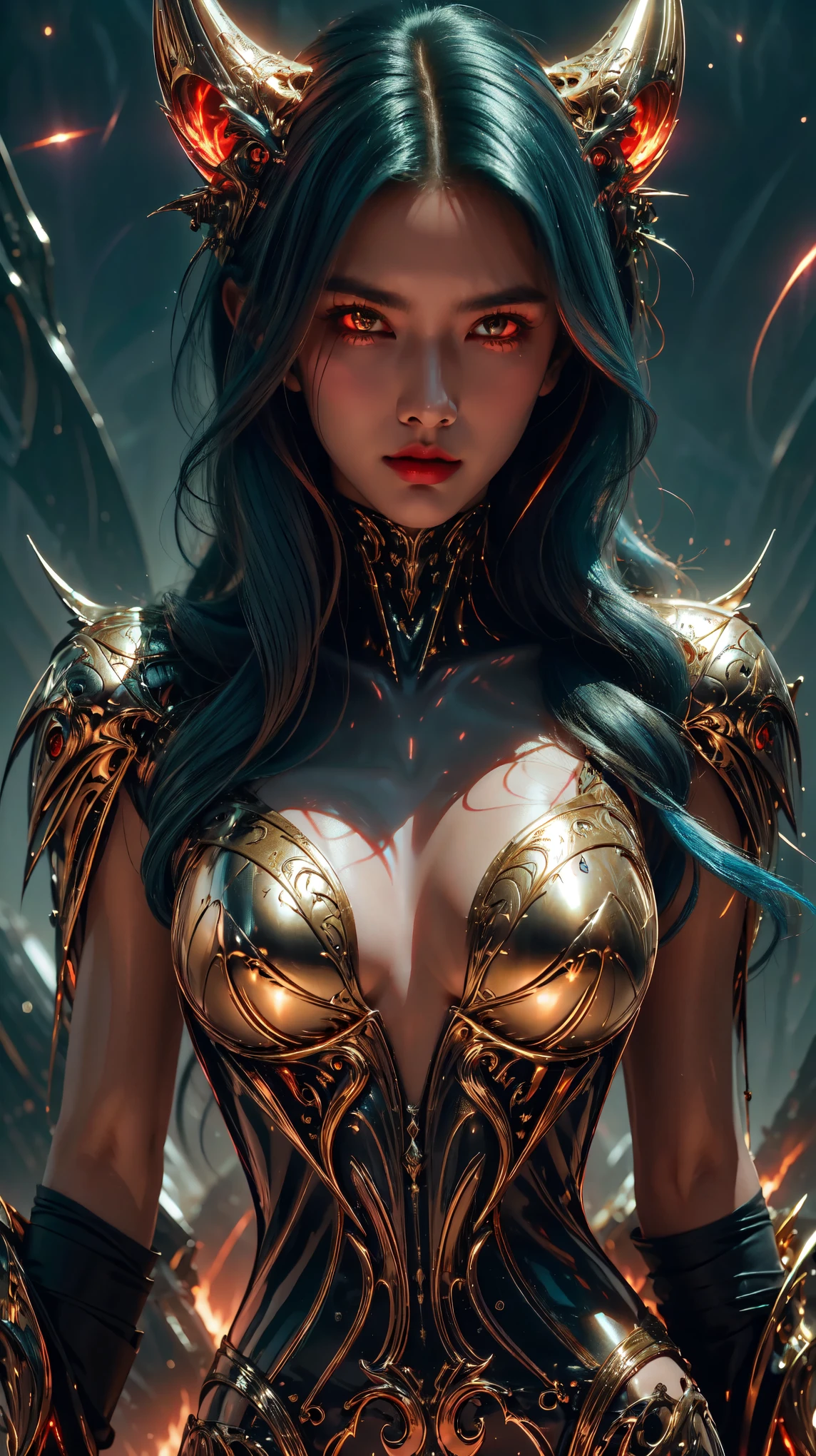 As she prowls through the universe, this female alien commands attention with her stunning appearance. Her jet blue hair and glowing golden eyes are only enhanced by her intense gaze and long dark claws. She is the epitome of beauty and danger, a true predator in every sense.