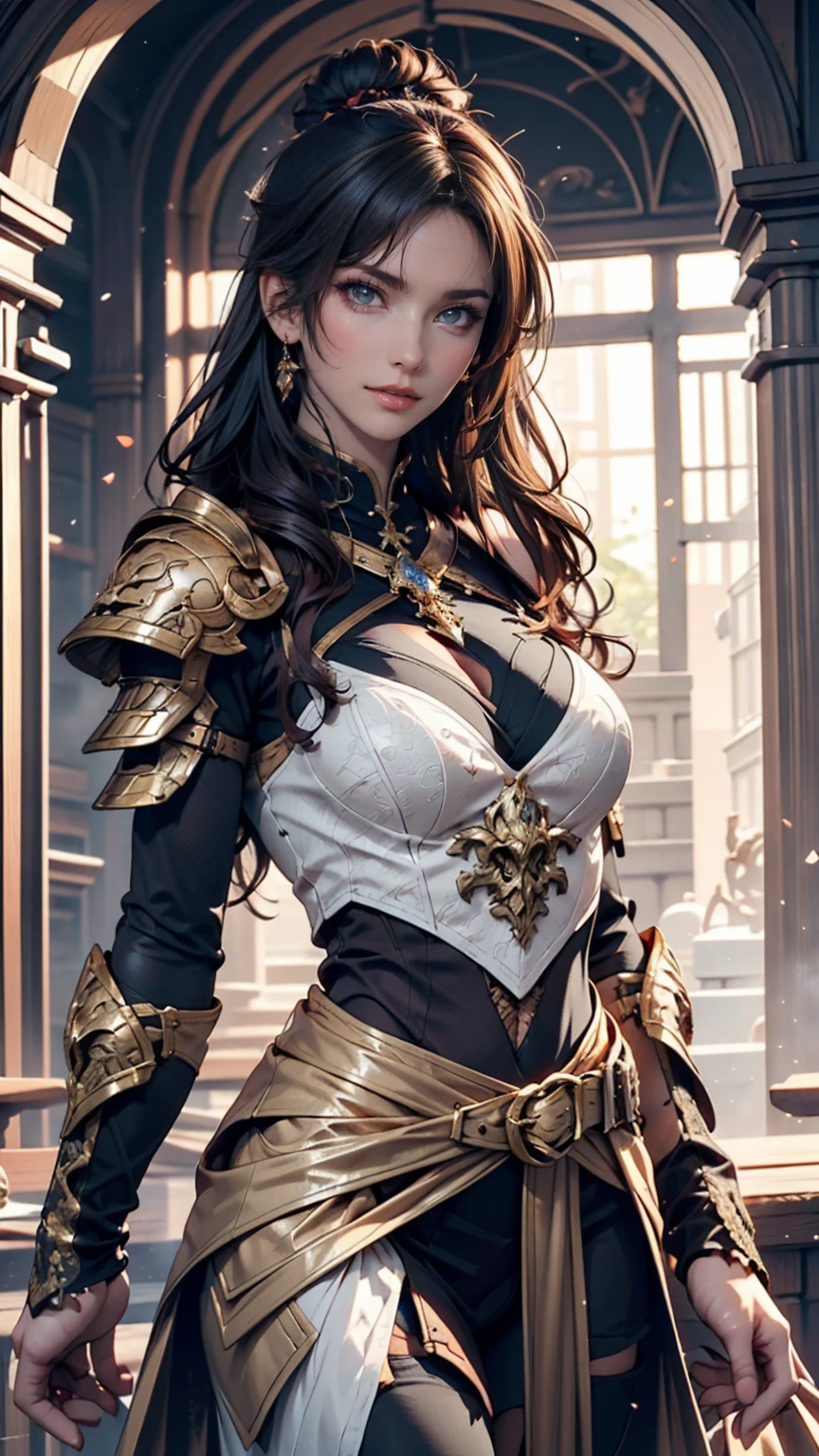 Ayaka, Solemn knight with ponytail, Gray Hair, Standing in the middle of a field background, Adding a touch of knight armor(0.7) To her charm. She has medium sized breasts and a charming smile with a hair accessory