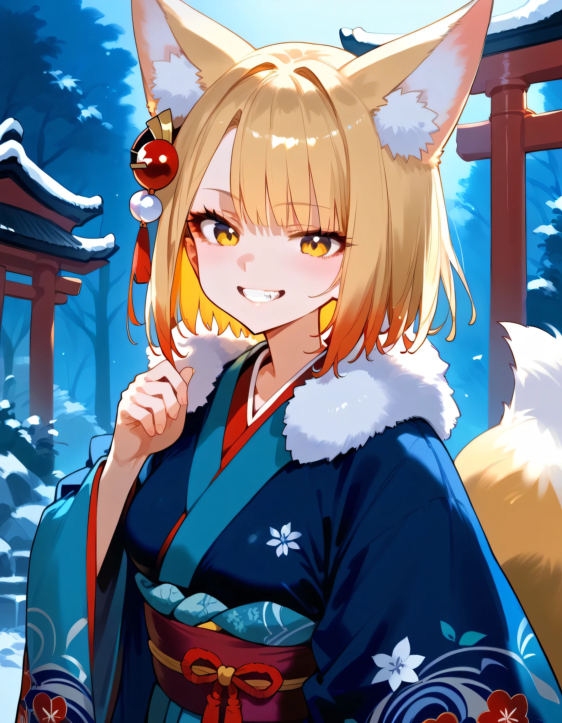 score_9, score_8_up, score_7_up, score_6_up, score_5_up, score_4_up, source anime, 1girl, tail, animal ears, blonde hair, fox tail, fox ears, solo, fur trim, yellow eyes, bangs, shiny hair, kimono, hair ornament, shiny, multicolored hair, long sleeves, short hair, teeth, parted lips, wide sleeves, grin, upper body, torii