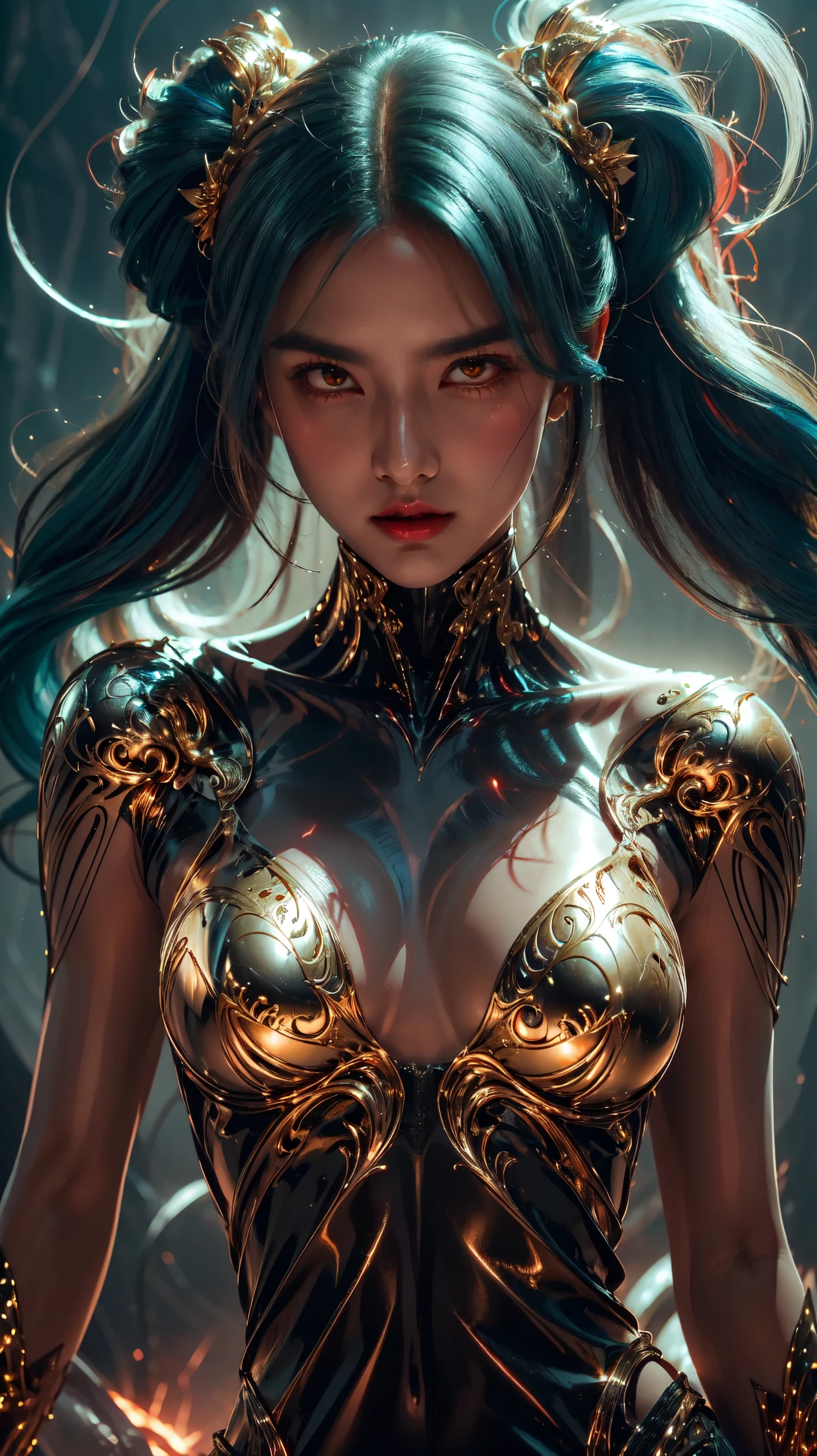 As she prowls through the universe, this female alien commands attention with her stunning appearance. Her jet blue hair and glowing golden eyes are only enhanced by her intense gaze and long dark claws. She is the epitome of beauty and danger, a true predator in every sense.