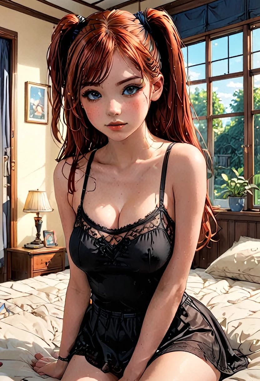 Masterpieces, 
High Quality, 
4k,
1080HD
Cute and adorable beautiful lovely and alluring young teen girl,
Fallen Panties,
Standing, young cute lolita girl redhead and freckled teen girl, 
Arms up tying her hair in a ponytail, wearing a highly revealing and alluring goth sheer low-cut croptop spaghetti strap tanktop cleavage large perky enticing breasts 
Miniskirt, in the bedroom, cozy and inviting warm room early morning light, epic perspective, dramatic lighting and shadows, symmetrical and aesthetic, aesthetically pleasing anime style, exquisitely detailed, epic perspective, dramatic lighting and shadows, symmetrical and detailed, intricate design, 8k hd, HDR, colorful and lively ambient mood, fun and cute pose , arafed red haired girl 
Under,チアガール