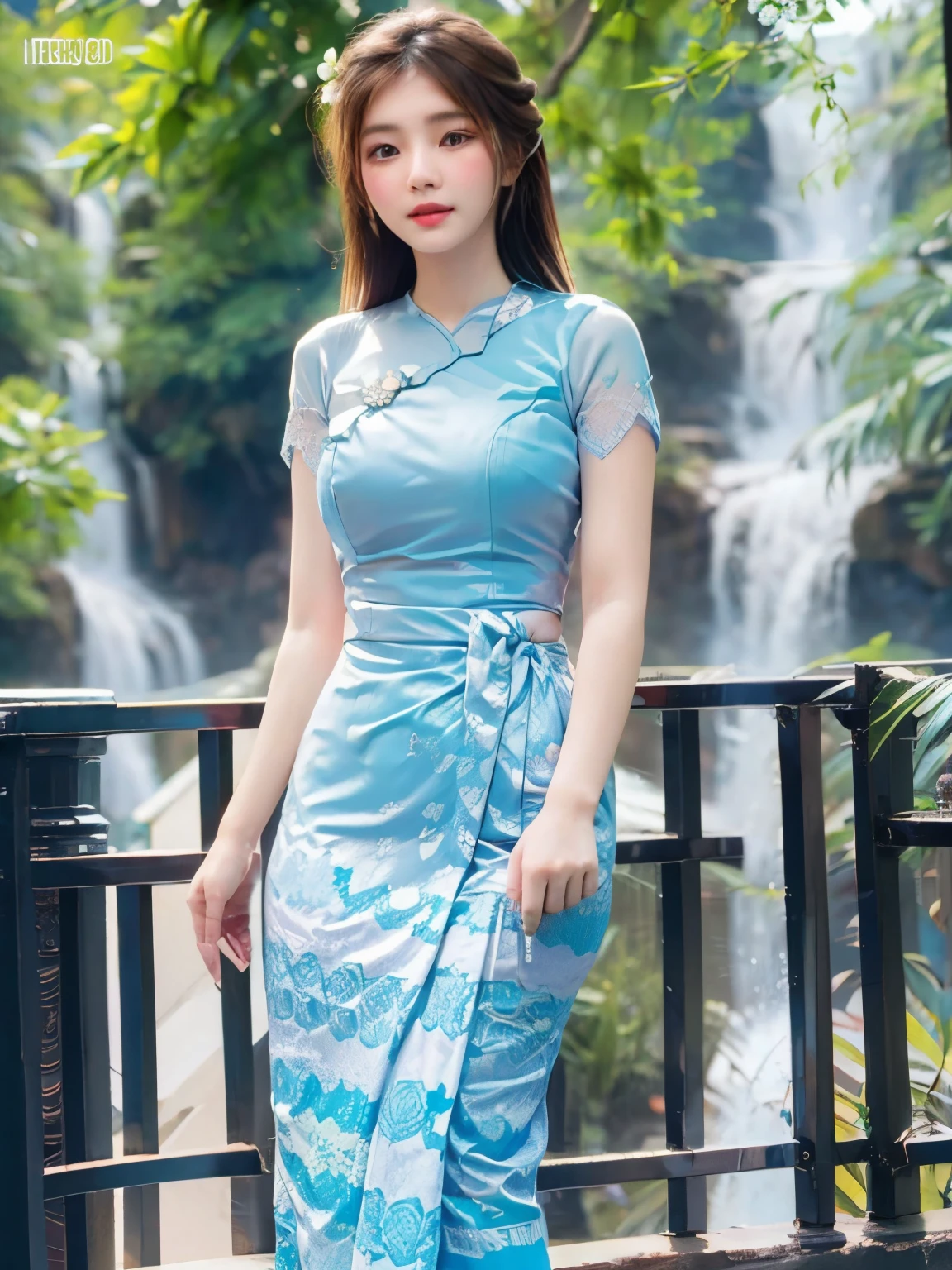 A young woman wearing a black lace shirt and a light blue floral design long skirt (Myanmar traditional dress)
happily in front of waterfall in various model poses.((medium breasts)), hyper realistic, ultra detailed, 8K,16K resolution,