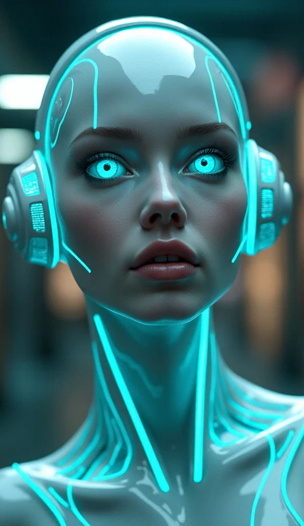 "A futuristic bio-robot woman with a sleek metallic face, glowing neon circuits seamlessly embedded into her porcelain-like skin, a halo of soft blue light around her head, and piercing, luminescent teal eyes. Her expression is serene, blending humanity with advanced technology in a cyberpunk cityscape."