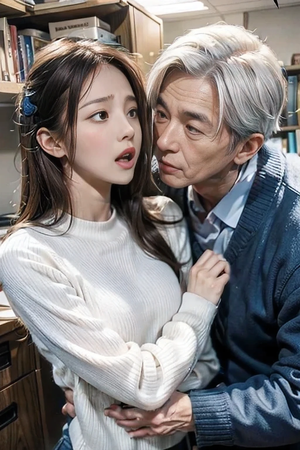(((1 old man and ung girl))),Beautiful korean woman wearing an office lady suit、old man sitting on the chair, ((((youn girl Kissing old korean man:1.1))))、(old korean man wearing business suit),(In an empty office)、(A detailed face:1.5)、The background is a window with a view of a skyscraper、(Night:1.6), focus on old man,