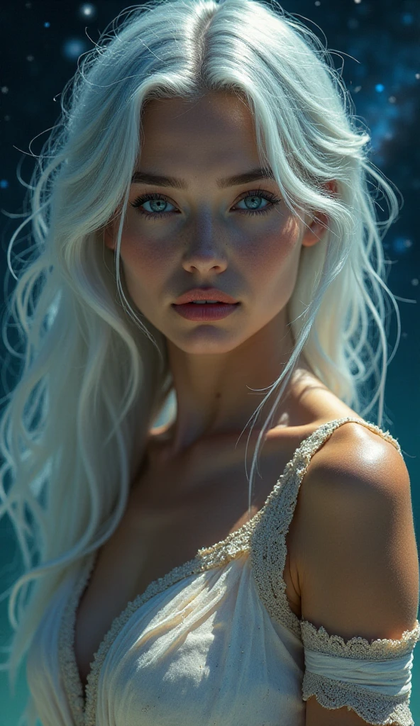  A stunning woman with glowing, flawless skin, iridescent eyes that shimmer like opals, and flowing silver hair that seems to defy gravity. Her face is adorned with delicate, celestial tattoos, and a faint, otherworldly light surrounds her. She stands against a backdrop of a starry galaxy, with her expression serene and timeless.