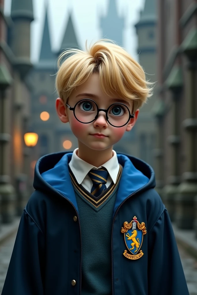 Draw a picture of a boy named Winston, in the Hogwarts Sorting Hat, he is blond, wear glasses, black eyed, with yellow jacket, the hat says he is from Hufflepuff. he is a student at Hogwarts