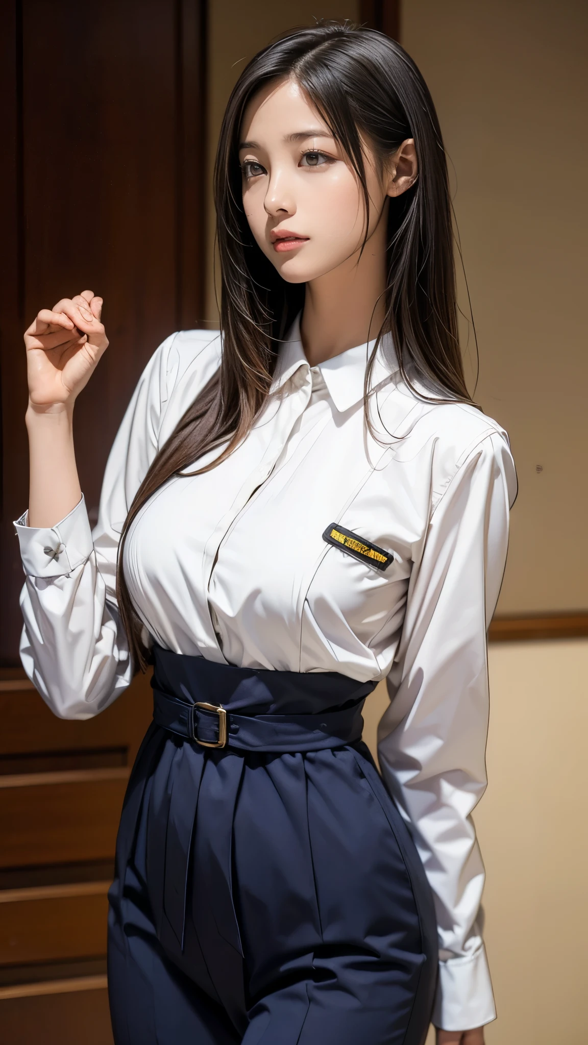 smile, kglamour_magv2, busty stewardess dressed in navy blue retro Prosecutor uniform, sexy short tight skirt, (steampunk background:.4), masterpiece, breathtaking, dramatic composition, ultra realistic, 100mm, Fujifilm XT3, Canon50 DSLR, sharp focus, hyperrealism, highly detailed, crisp edges, very slim body, earrings, neclace, close-tp of face, (thick eyeliner), (eye shadow),(red lips), blush, pointy nose, skinny waist, small ass, cleavage, nsfw, (skirt lift:1.3), spread legs wide, leg up, show tong panties, 