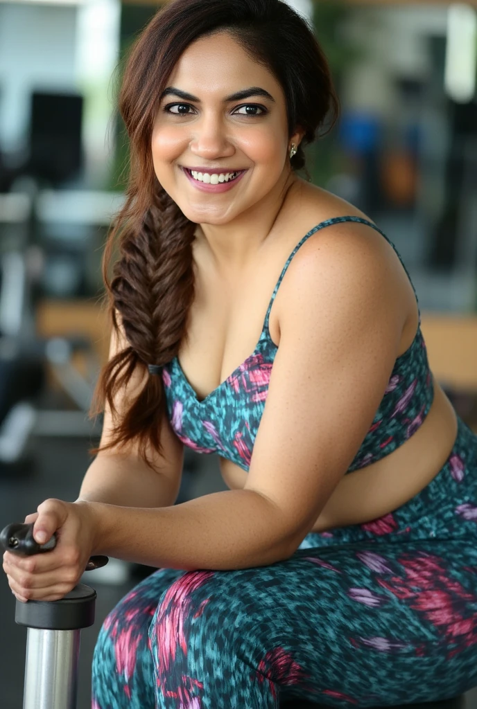 "An Indian model with an athletic, curvy figure, firm 36DD sized breasts, is captured mid-workout in a high-end gym. She is dressed in form-fitting, moisture-wicking activewear—such as a printed sports bra and colourful leggings or tight running shorts—that accentuates her strong physique and curves. Firm medium breasts. Her long wavy brown hair is tied back in a messy ponytail, with a few strands falling around her slightly flushed face. She’s in the middle of lifting free weights, with her posture slightly asymmetrical—one shoulder slightly higher than the other, her hips subtly tilted as she shifts her weight. Her left foot is positioned slightly forward, grounding her stance, while her right knee bends slightly for balance. The gym is modern and well-equipped, with mirrors reflecting her form, and natural light streaming in from large windows, casting realistic shadows. Small details like sweat glistening on her skin and a towel casually draped over a nearby bench add to the authenticity of the scene

