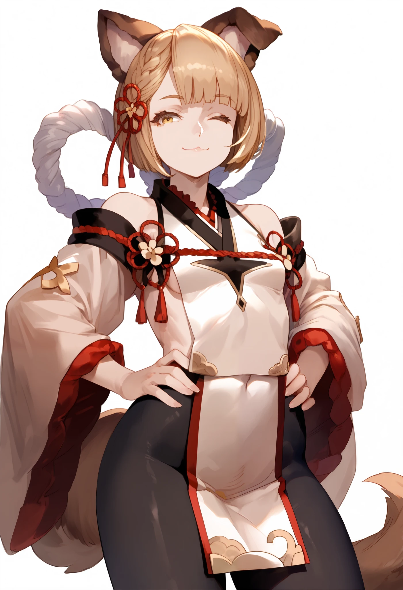 Masterpiece, 1girl, solo, mature, vajradef, blonde, yellow eyes, dog tail, dog ears, small breasts, black pantyhose, hair ornament, japanese clothes, bare shoulders, detached sleeves, wide sleeves, white pelvic curtain, wink, smile, hands on hips, leaning back, white background, simple background, score_9, score_8_up, score_7_up, unaestheticXL_bp5