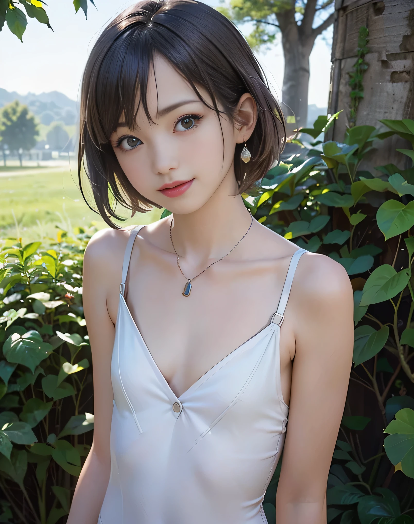 (Realistic:2.0),(High resolution:1.5),(1girl:1.5),(solo:1.5),(Teenager:1.3),(young:1.3),(looking at the viewer),Small face,(Flat chest:1.8),short hair,bangs:1.2,(large eyes),(Accurate Eyes:1.5),(camisole:1.1),(outdoor:1.2),shade of trees,Grassland,ivy,Simple Necklace,(skin tight:1.2),smile,