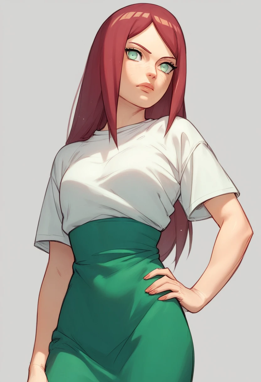 naruto shippuden manga sketch drawing kushina has long straight red hair green eyes,white shirt, on top green dress,green clip holds hair,(contrapposto hand on hip)