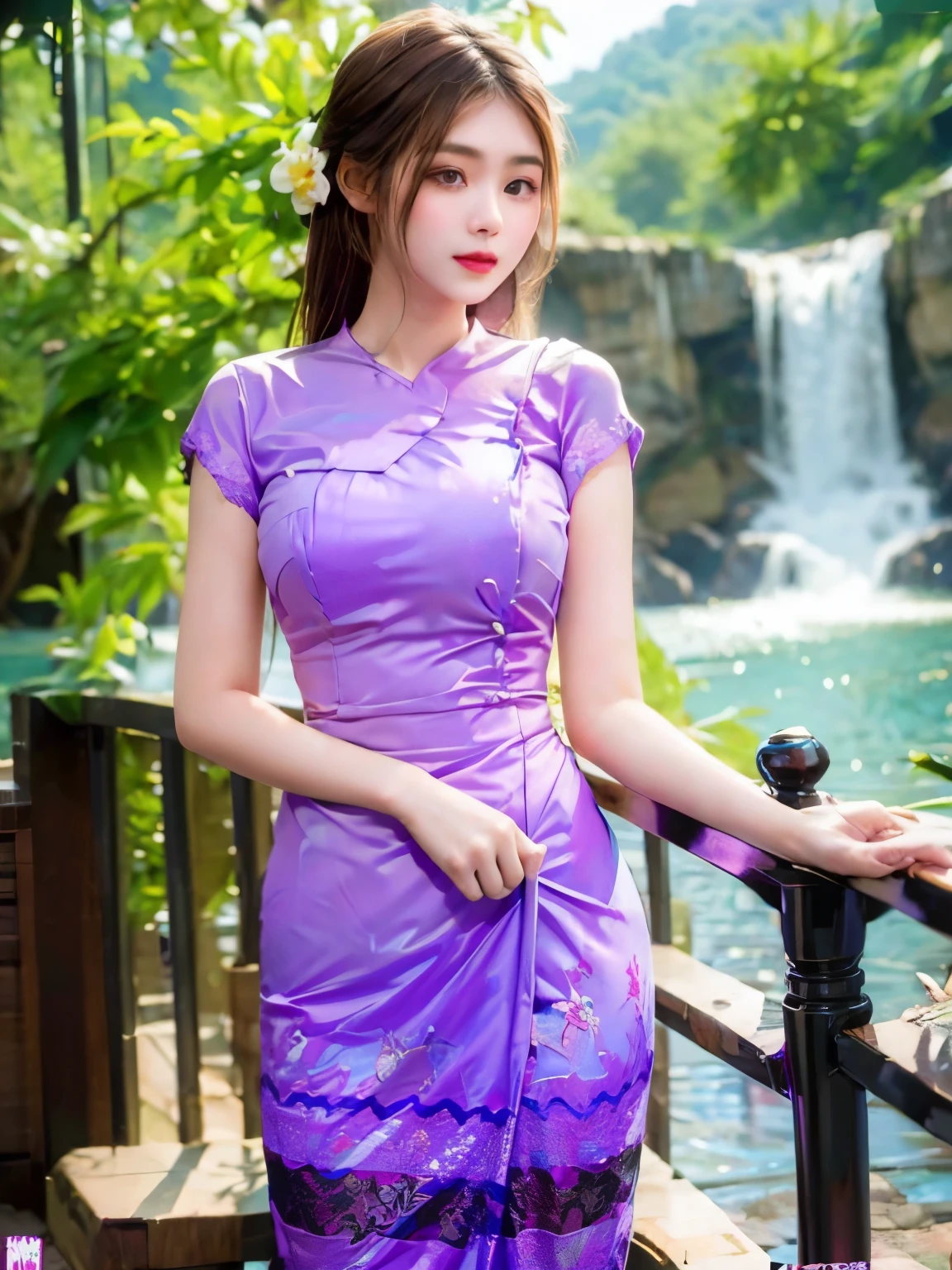 A young woman wearing a black lace shirt and a light purple floral design long skirt (Myanmar traditional dress)
happily in front of waterfall in various model poses.((medium breasts)), hyper realistic, ultra detailed, 8K,16K resolution,