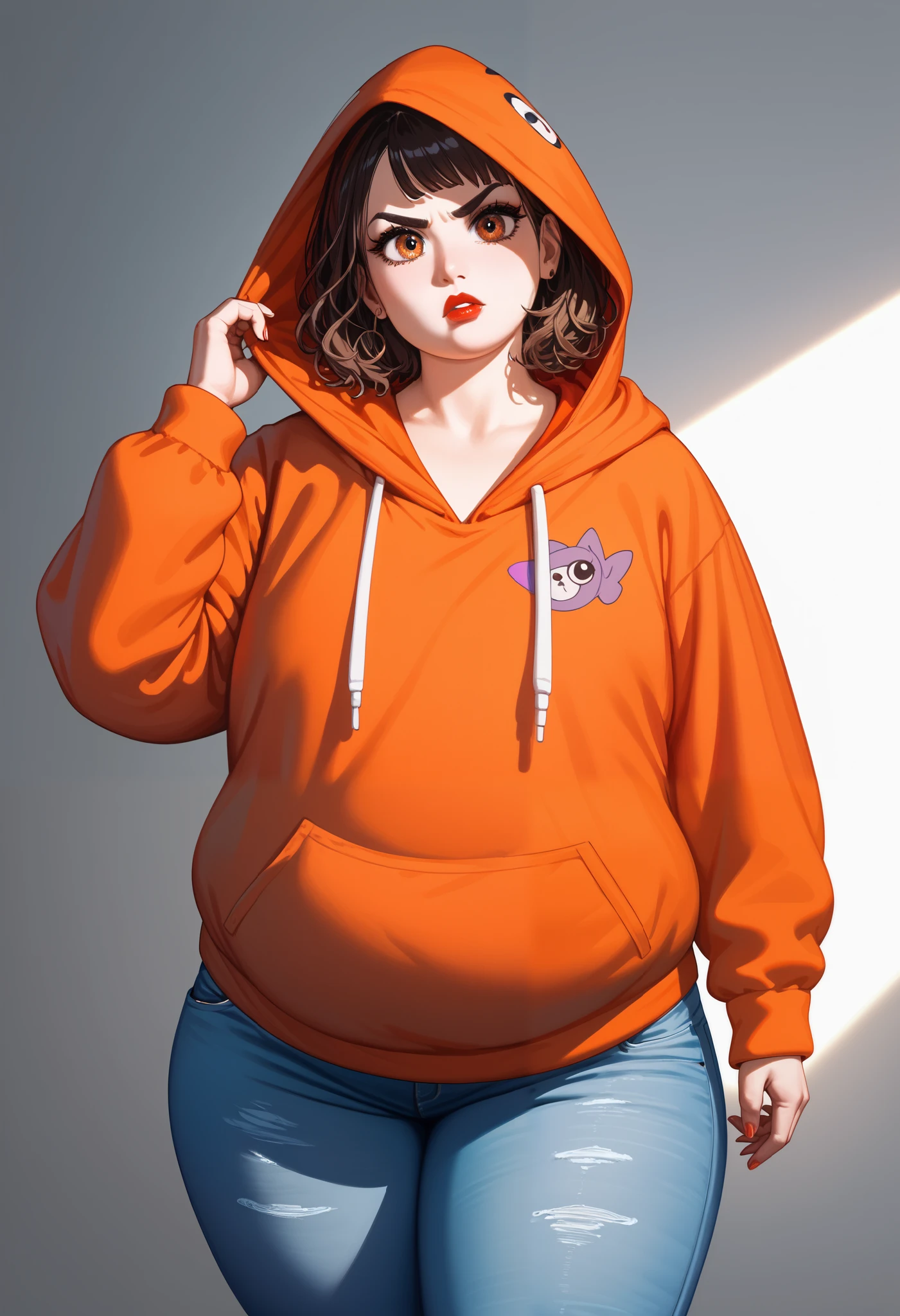 (8K, Best Quality, masutepiece:1.2), high-definition RAW color photography,Cinematic Light, 18〜28 year old, Very cute, , Real Human Skin, (Detailed face), oval-face, 超A high resolution, chubby (gigantic Chest,:1.37, ), (Lifter Gloss, Eyelashes, gloss-face, Best Quality, 超A high resolution, Broad warm lighting, Natural Shading), Brown fine hair, (jeans and orange hoodie:1.3), Cowboy Shot:1.3, Centered image, Huge sagging breasts, angry eyebrows, ((oversized huge hoodie))