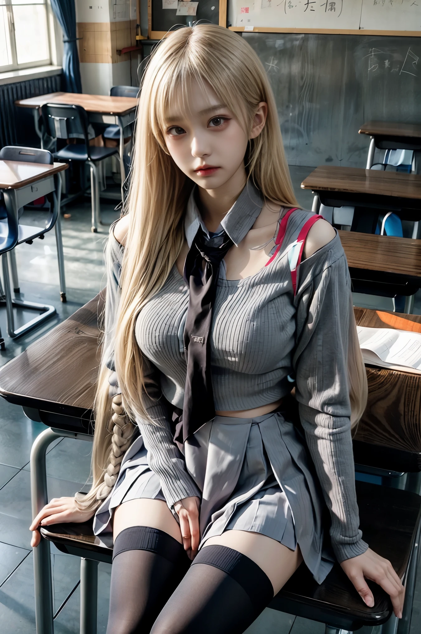  Japanese、Model、Big Breasts、Blonde、 long hair、 school uniform、tights、 shows shoulders、 cleavage visible、 belly button visible 、classroom、 sitting 