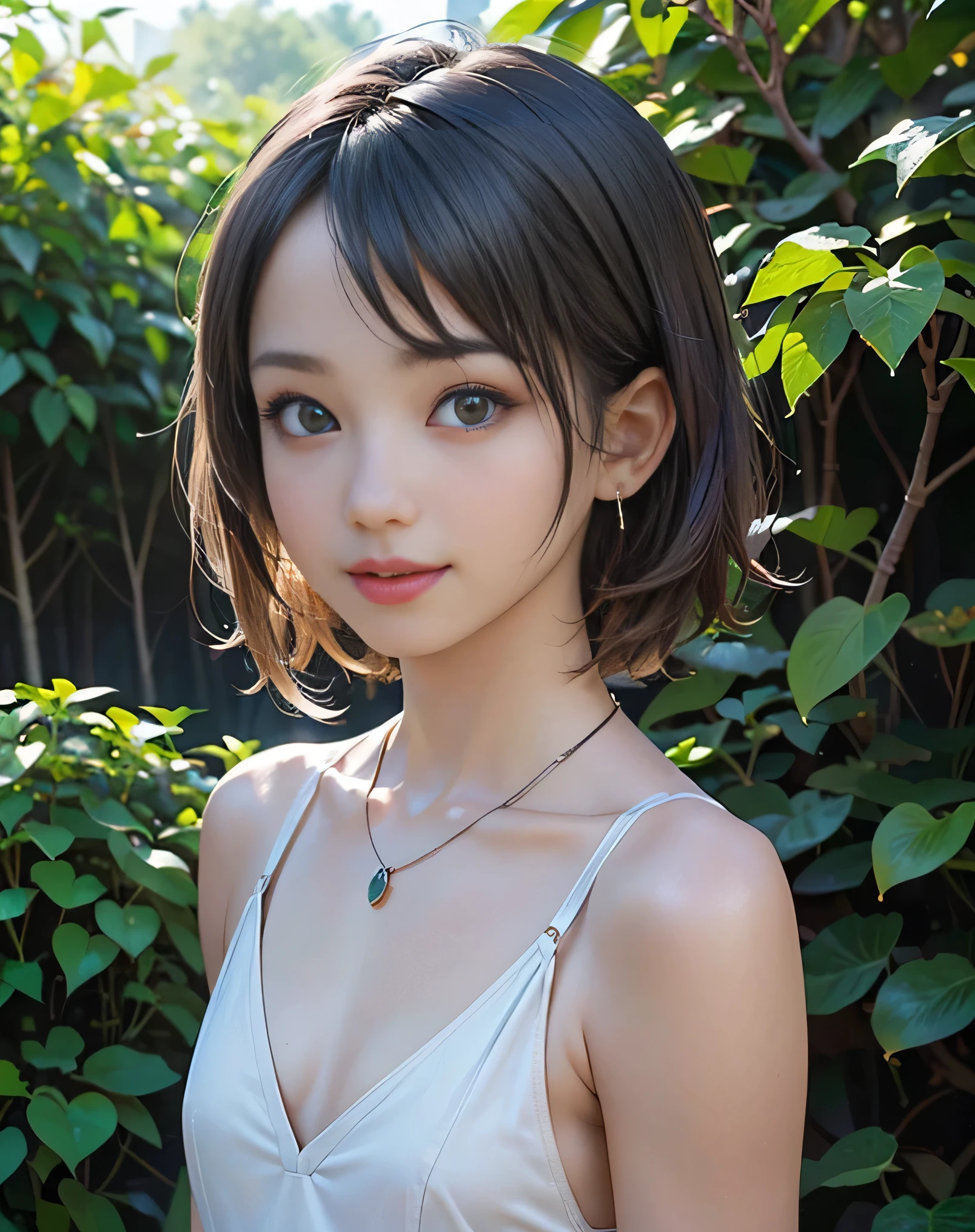 (Realistic:2.0),(High resolution:1.5),(1girl:1.5),(solo:1.5),(Teenager:1.3),(young:1.3),(looking at the viewer),Small face,(Flat chest:1.8),short hair,bangs:1.2,(large eyes),(Accurate Eyes:1.5),(camisole:1.1),(outdoor:1.2),shade of trees,Grassland,ivy,Simple Necklace,(skin tight:1.2),smile,