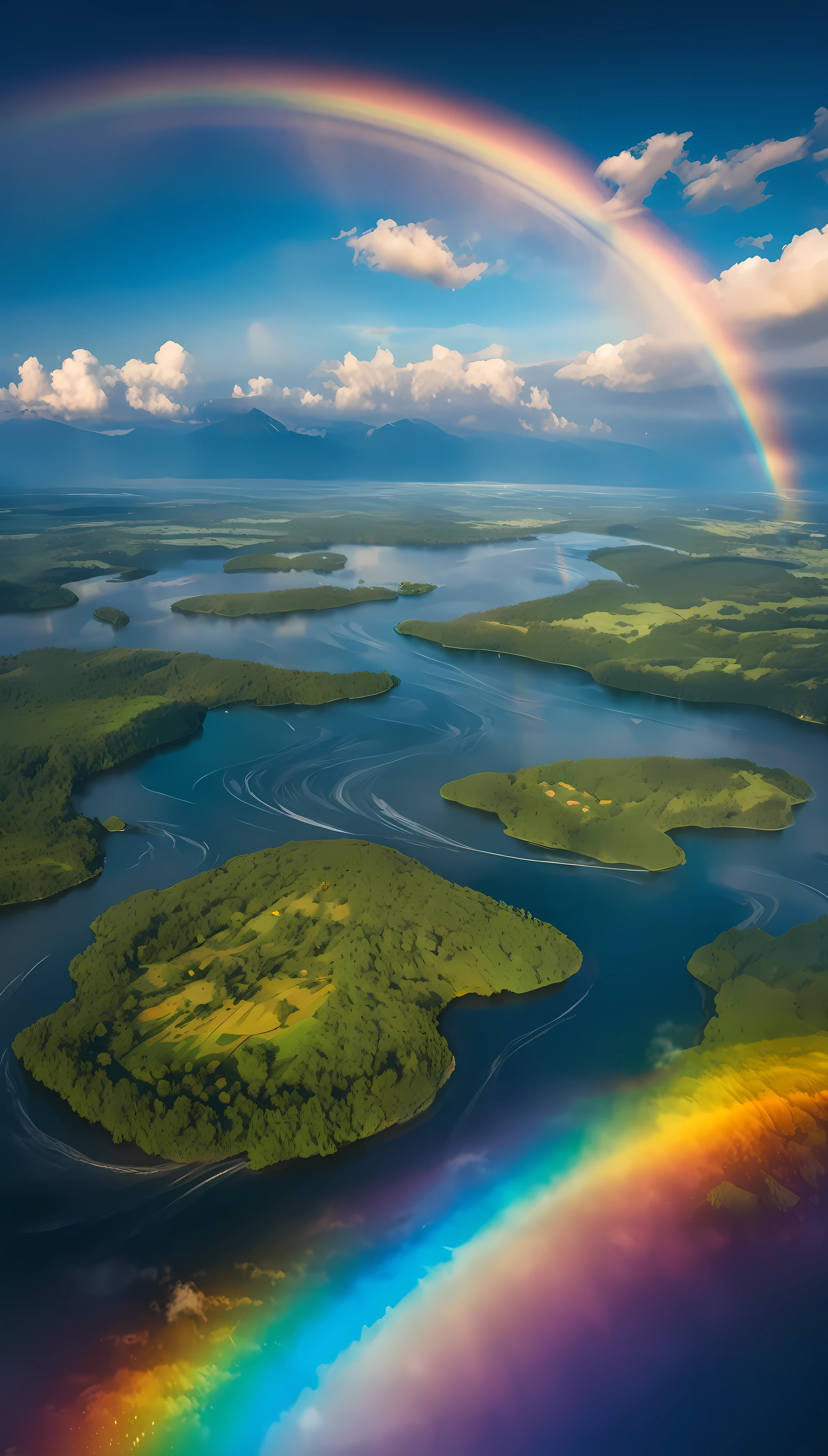 after rain,  dark Sunny, ((single rainbow, Just one), \that in the shape of a bridge, rainbow texture\), It's hanging from You and a Wonderful World, fantastic view, dynamic shot, shot from sky, holographic effect, shining your load, dynamic range, 