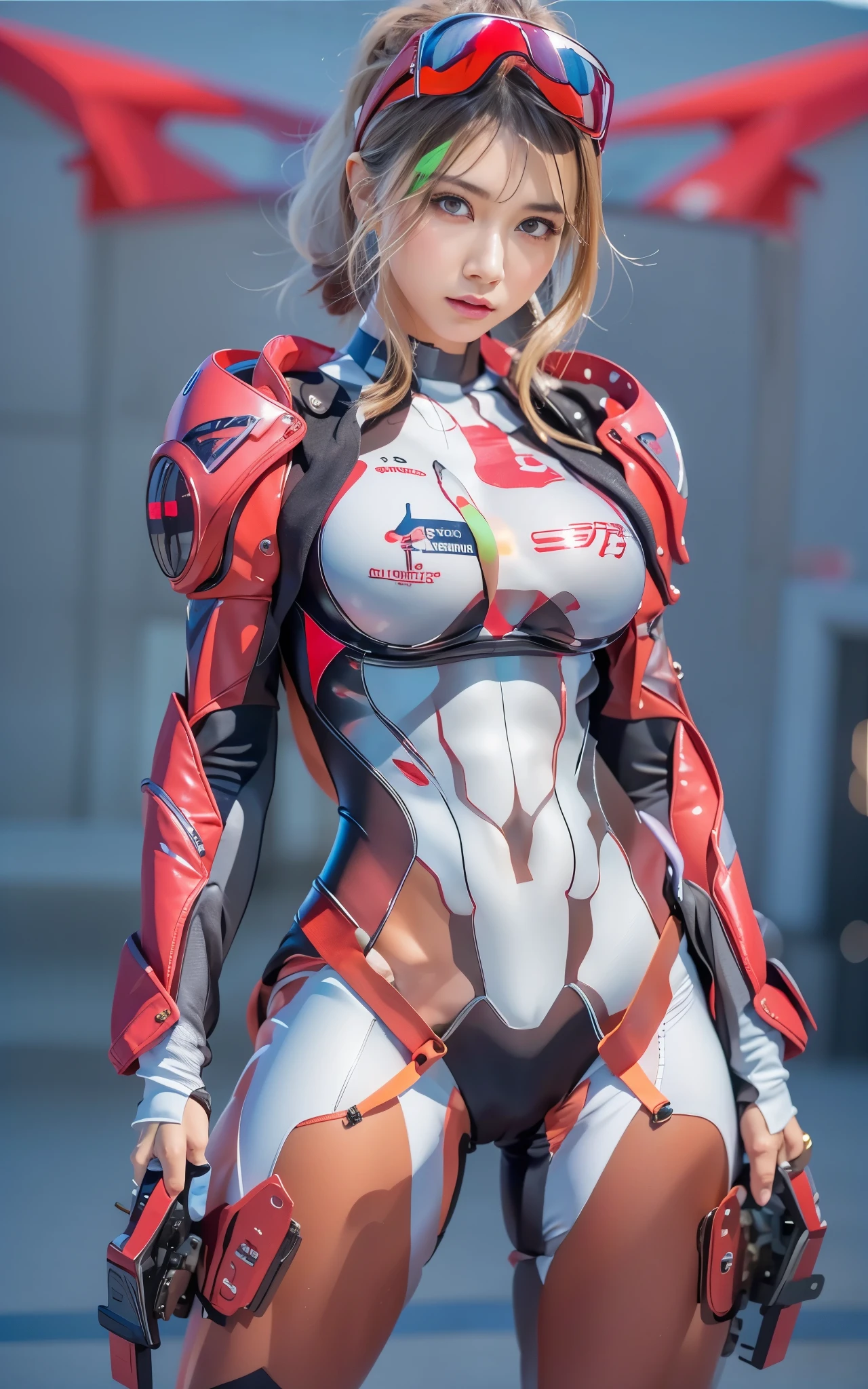 ((Best Quality)), ((masutepiece)), (Detailed: 1.4), (Absurd), Caucasian female fighter pilot ready for war, front walking, muscular sculptural body defined, Closed mouth, muscular body covered by technological clothing, Neon Genesis Evangelion Suit, Cyberpunk, generous neckline, ((perfect large breasts)), (blue eyes without pupils), long manga-style eyelashes, close to real, Crazy face, Sexy Pose, Centered, scale to fit the dimensions, nffsw (High dynamic range),Ray tracing,Hyper-Resolution,Unreal 5,Subsurface Dispersion, PBR Texture, Post-processing, Anisotropy Filtering, depth of fields, Maximum clarity and sharpness, Multilayer textures, Surface Shading, accurate simulation of light and material interactions, Perfect proportions, thirds rule, top-quality, in 8K, ultra-detailliert, Being on the roof of a skyscraper, Smooth bodysuit, zero suit