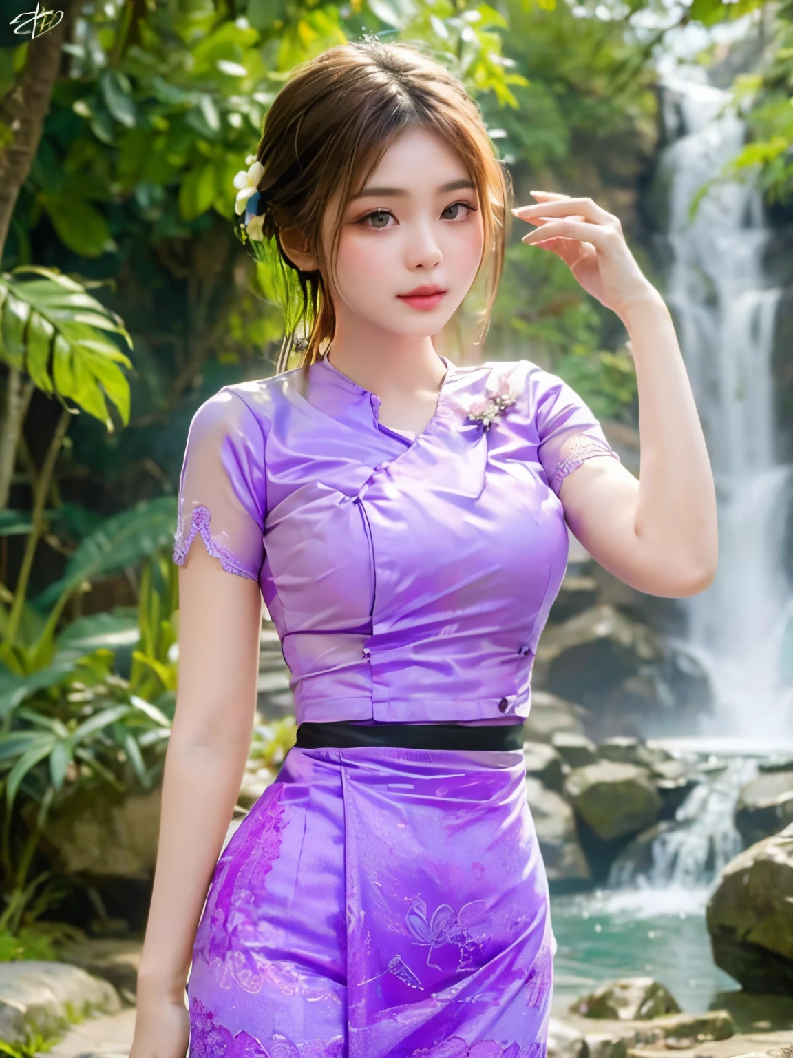 A young woman wearing a black transparent lace shirt ,short sleeve and a light purple floral design long skirt (Myanmar traditional dress)
happily in front of waterfall in various model poses. sexy poses ((medium breasts)), hyper realistic, ultra detailed, 8K,16K resolution,