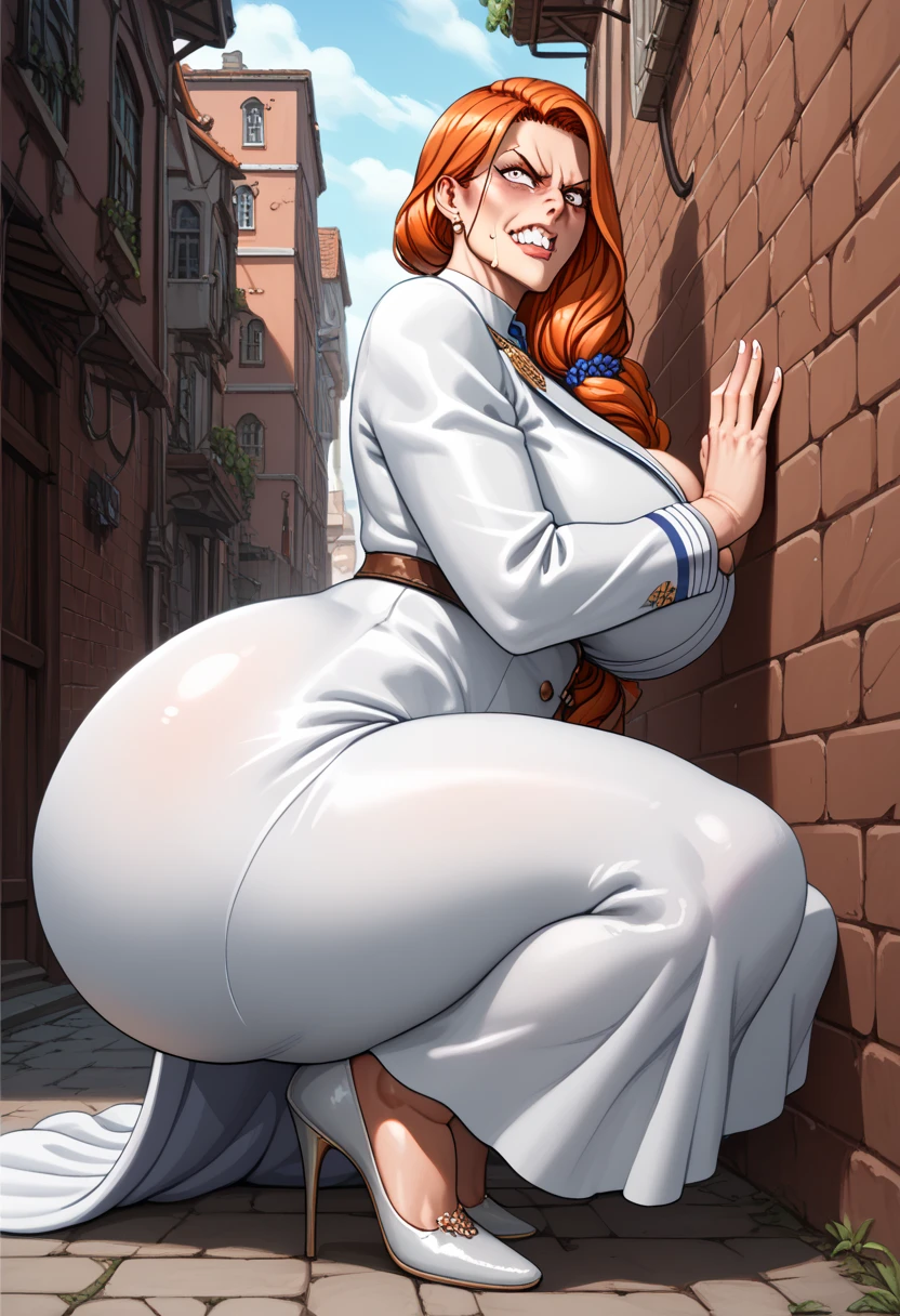 Female,milf,mature,Orange hair,long elegant hair,gigantic boobs,gigantic ass,Elegant uniform,angry face,almost naked,front view,medieval time,crouching pose,wall with alley on side,mole on boobs,hiding behind wall,white uniform,a gangster far away,