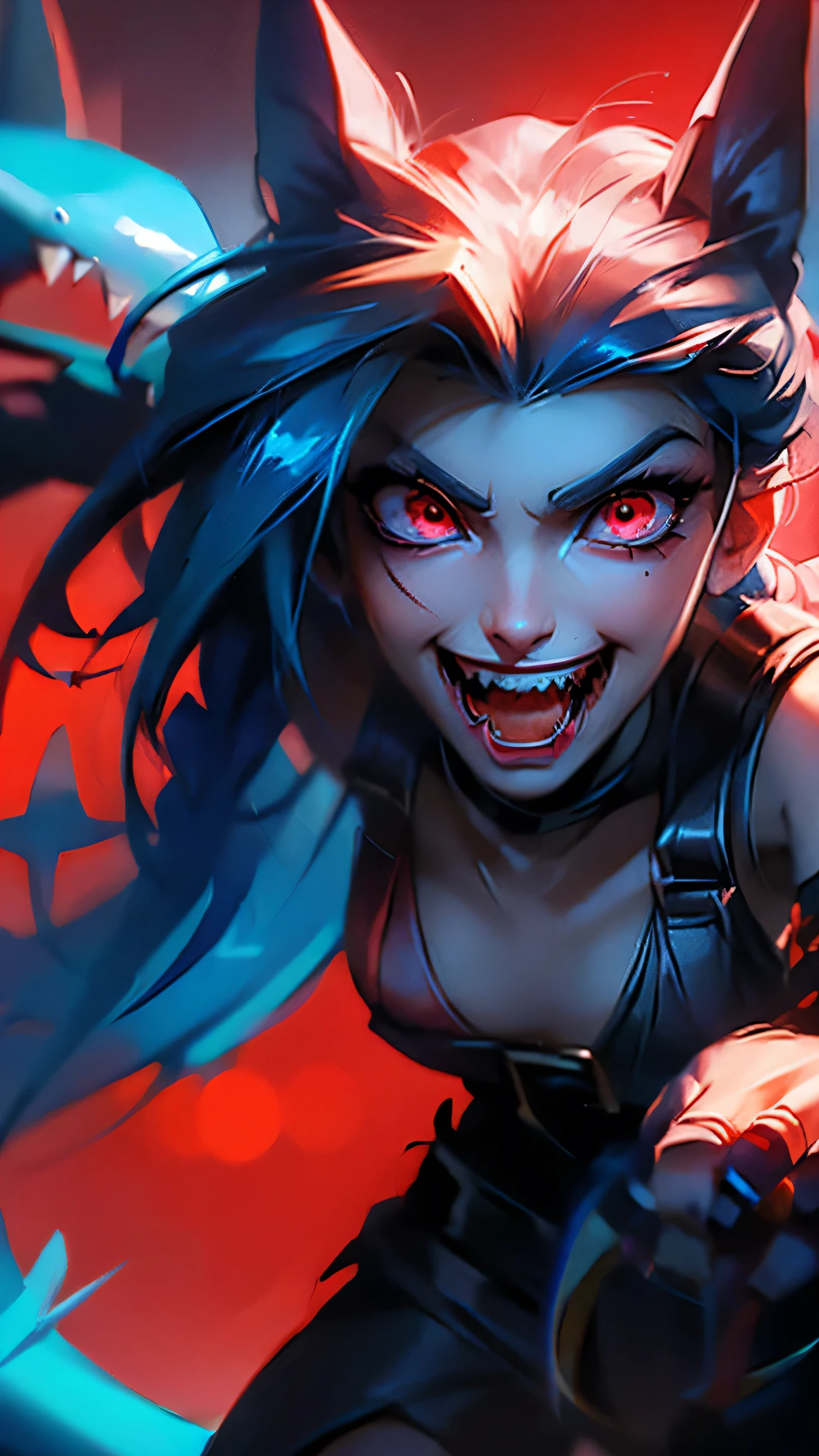 Jinx，shark rocket，Fierce eyes， red eyes，Ferocious face