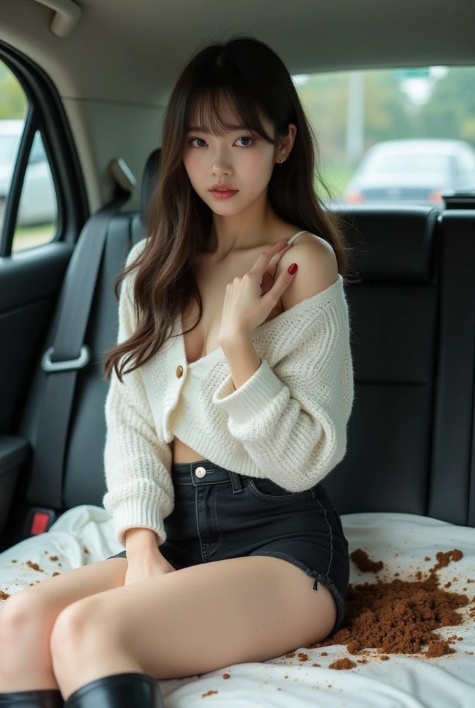 (masterpiece, best quality:1.4), (beautiful, aesthetic, perfect, delicate, intricate:1.2), (cute, adorable), (depth of field:1.2), cinematic shot, natural lighting, teasing nudity, 1girl, mature woman, perfect female form, (perfect face, detailed face, full lips, glossy lips, blush, eyeliner, expressive eyes), (black hair, long hair, hair ribbon), (large natural breasts, narrow waists), smile, (evil smile:1.2), sweater, skirt, skirt lift, delicated panties, (public:1.1), embarrassed, sitting, in car, car interior, nature, window, open legs, makina69_jennie_v1.0 <lora:makina69_jennie_v1.0:1>